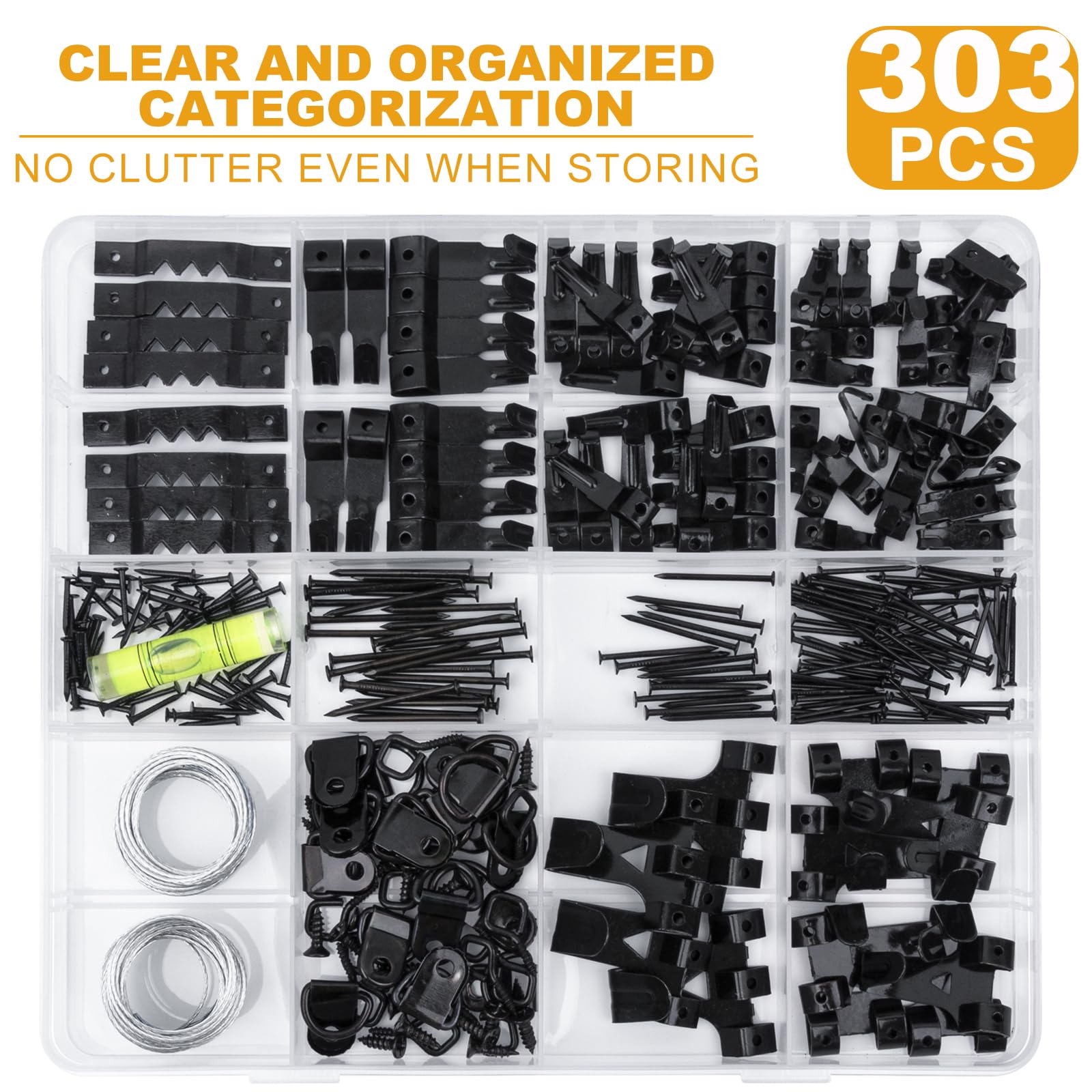 KURUI 303Pcs Picture Hangers for Wall Art Decor Tapestry, Picture Hanging Kit With Heavy Duty Wall Hooks, Sawtooth, Picture Wire, D Rings, Hardware Nails, Eye Hooks, Black Frame Hooks for Drywall Wood — Amazon image 2