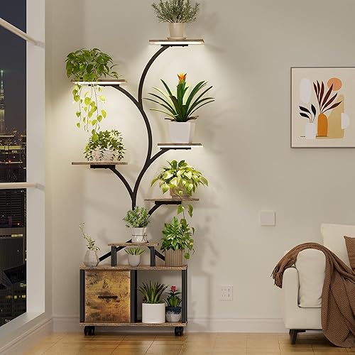 Miniatura 8 de Soporte para plantas de 65 pulgadas con luz de crecimiento, estante de plantas de interior de 9 niveles con cajón, soporte de estante de esquina