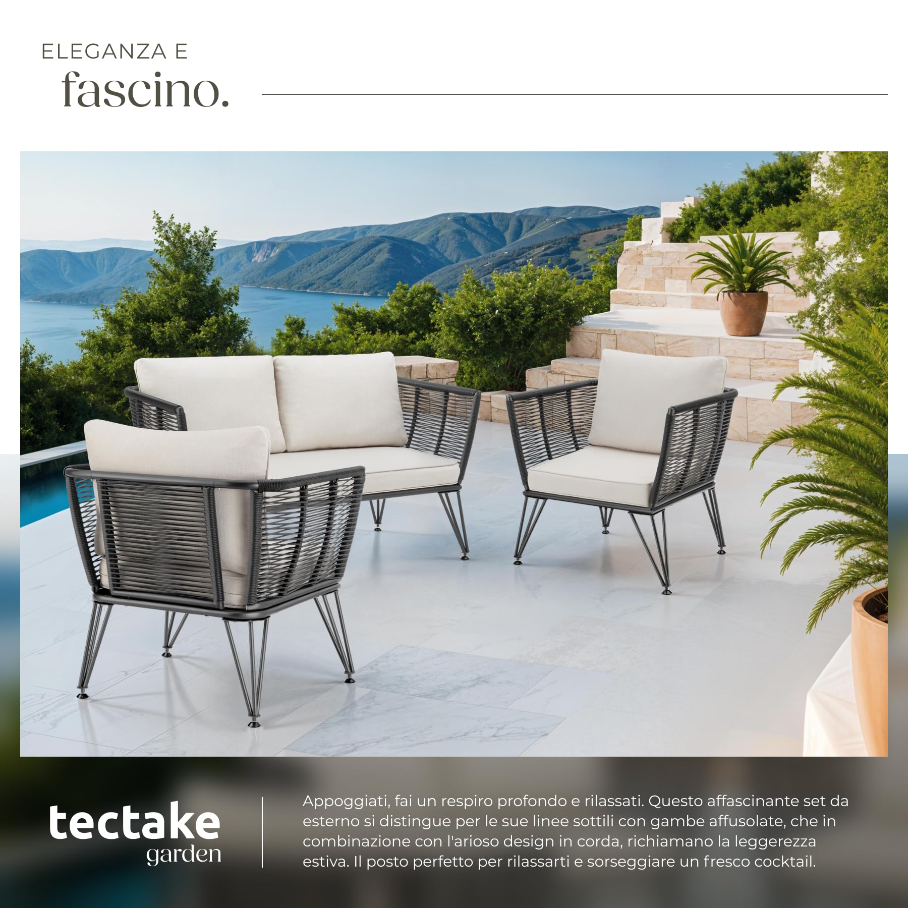 tectake® Set Lounge da Giardino, Polyrattan Resistente, Divano da Giardino e 2 Poltrone Design Elegante, Cuscini Extra Spessi, Ideale per Salotto da Esterno, Arredo Giardino Moderno - Antracite
