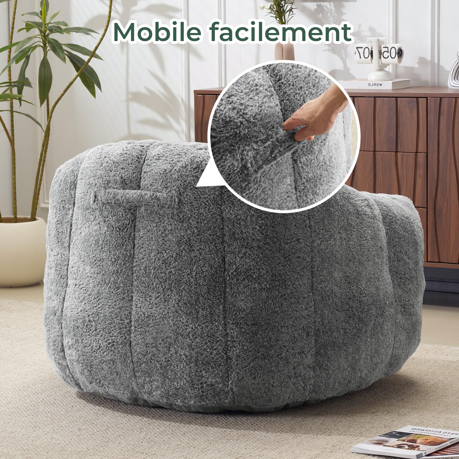 Pouf pour adultes, fauteuil lounge moelleux en fausse fourrure avec coussin, capacité de charge jusqu’à 160 kg, emballage sous vide & sans montage, pour salon, chambre, balcon, gris