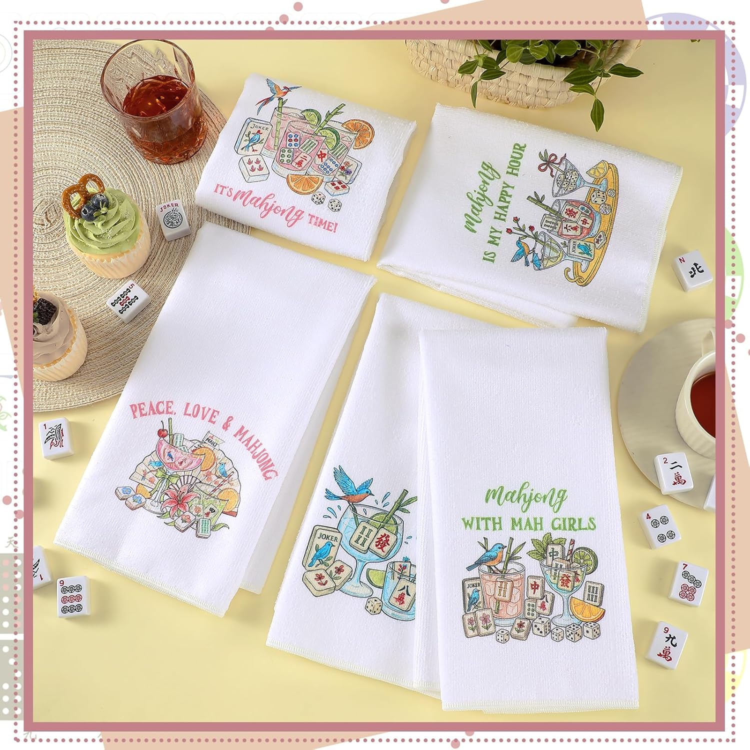 Moukeren 5 Pcs Mahjong Cocktail Kitchen Towels Mah Jong Gifts for Women Mahjong Hand Towels 16 x 24 Inches Decorative Dish Tea Gifts for Kitchen Decor Cocktail Mah-jongg Lovers Bathroom Home - Image 2
