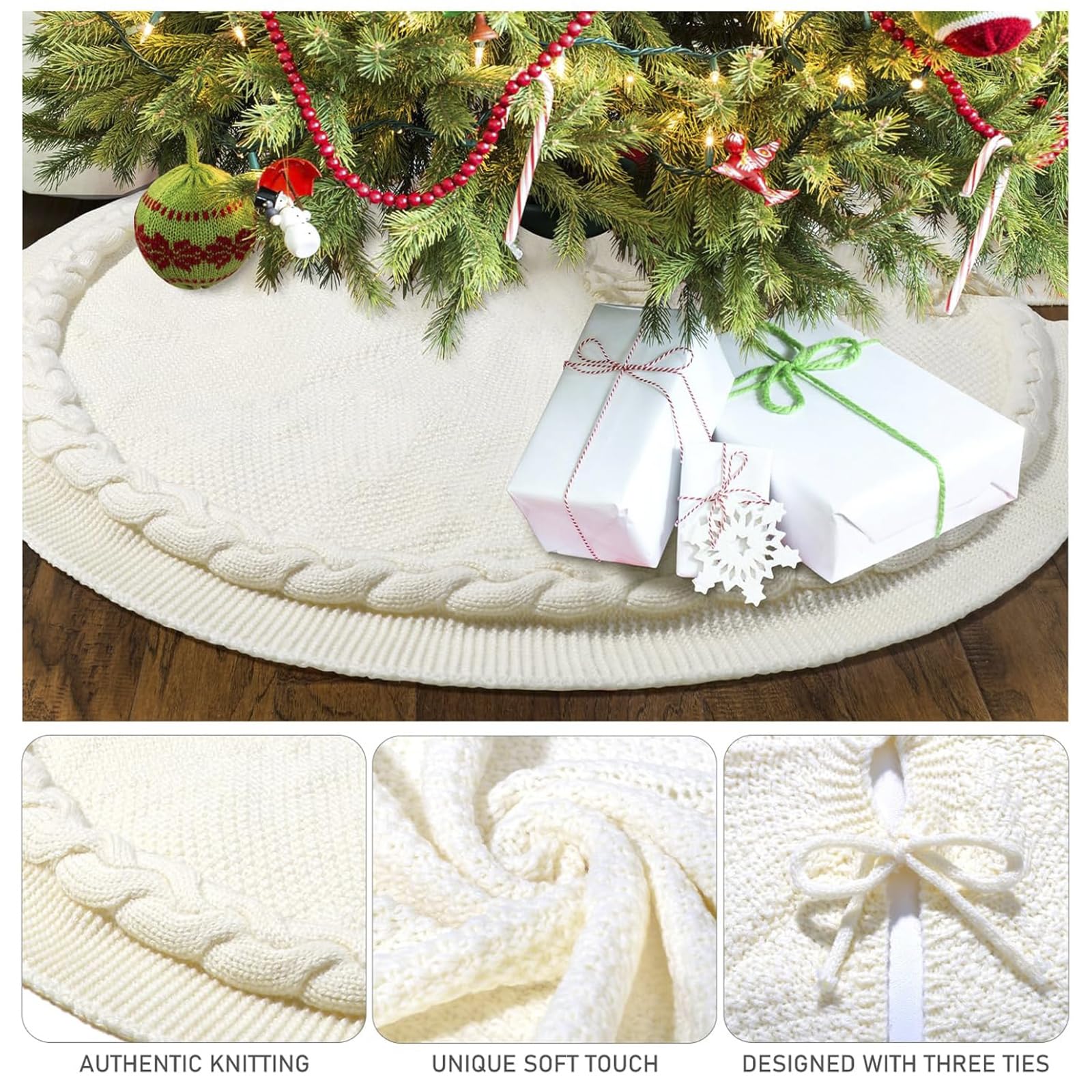 Gonna per Albero di Natale 122 cm, Tappeto per Albero Rotonda Rustico Spesso a Maglia Intrecciata, Grande Copri Piedi Albero Natale per Natale Capodanno Festa in Casa,Cream