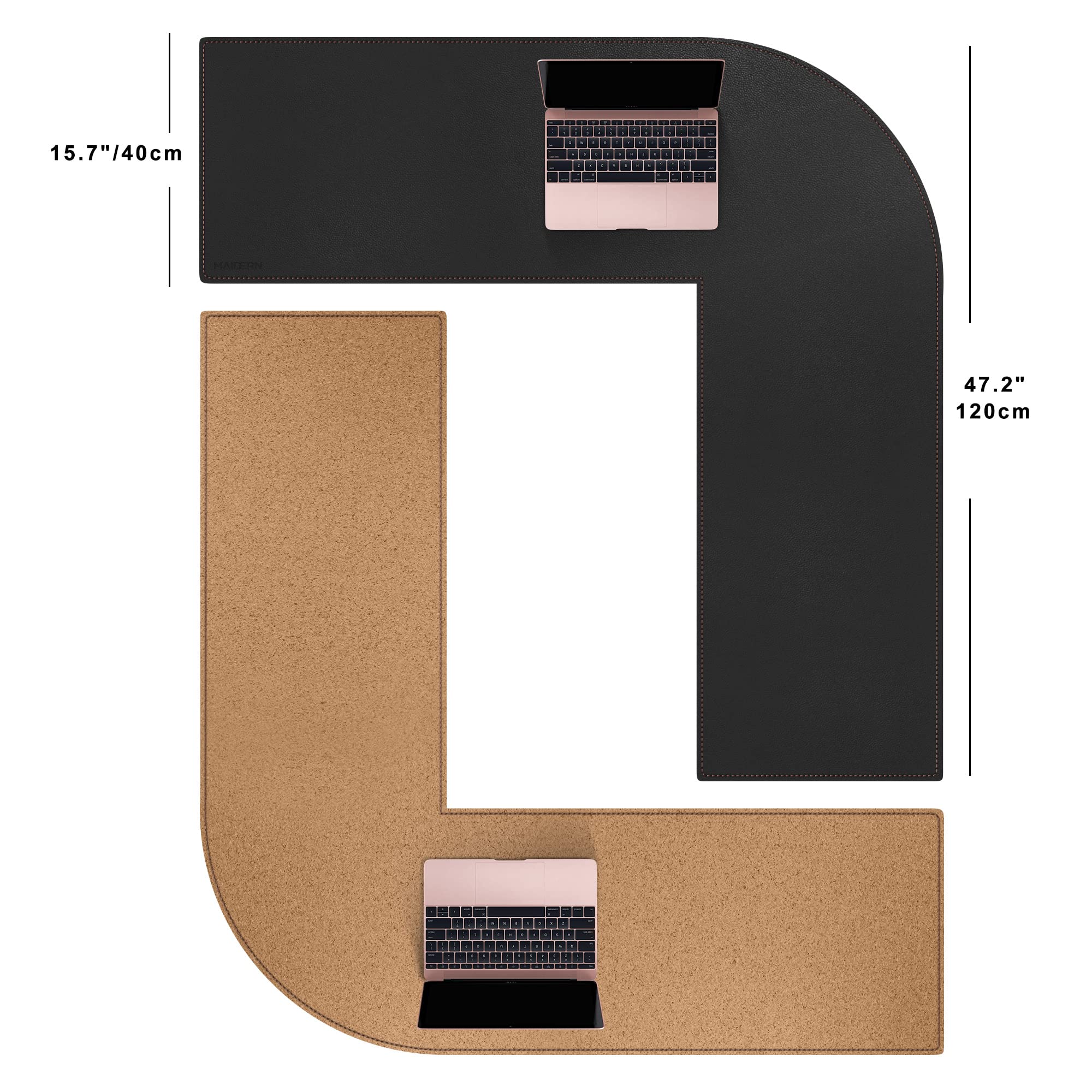 MAIDERN Tappetino Scrivania pelle in Sughero angolare,120x120x40cm sottomano scrivania bifacciale a forma di L,Tappetino per Mouse impermeabile e antiscivolo ，per Casa/Ufficio(Nero)