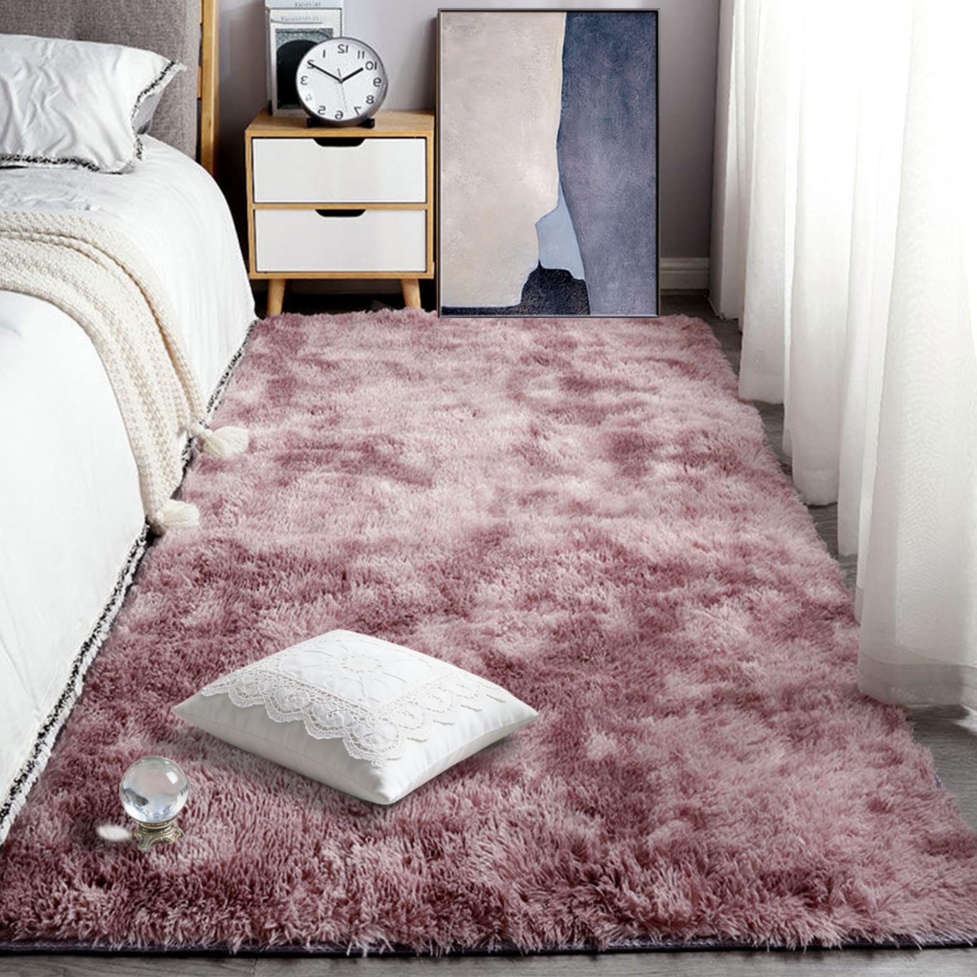 Tapis de sol 170 x 400 cm à poil long rose pourpre une texture soyeuse haut de gamme
