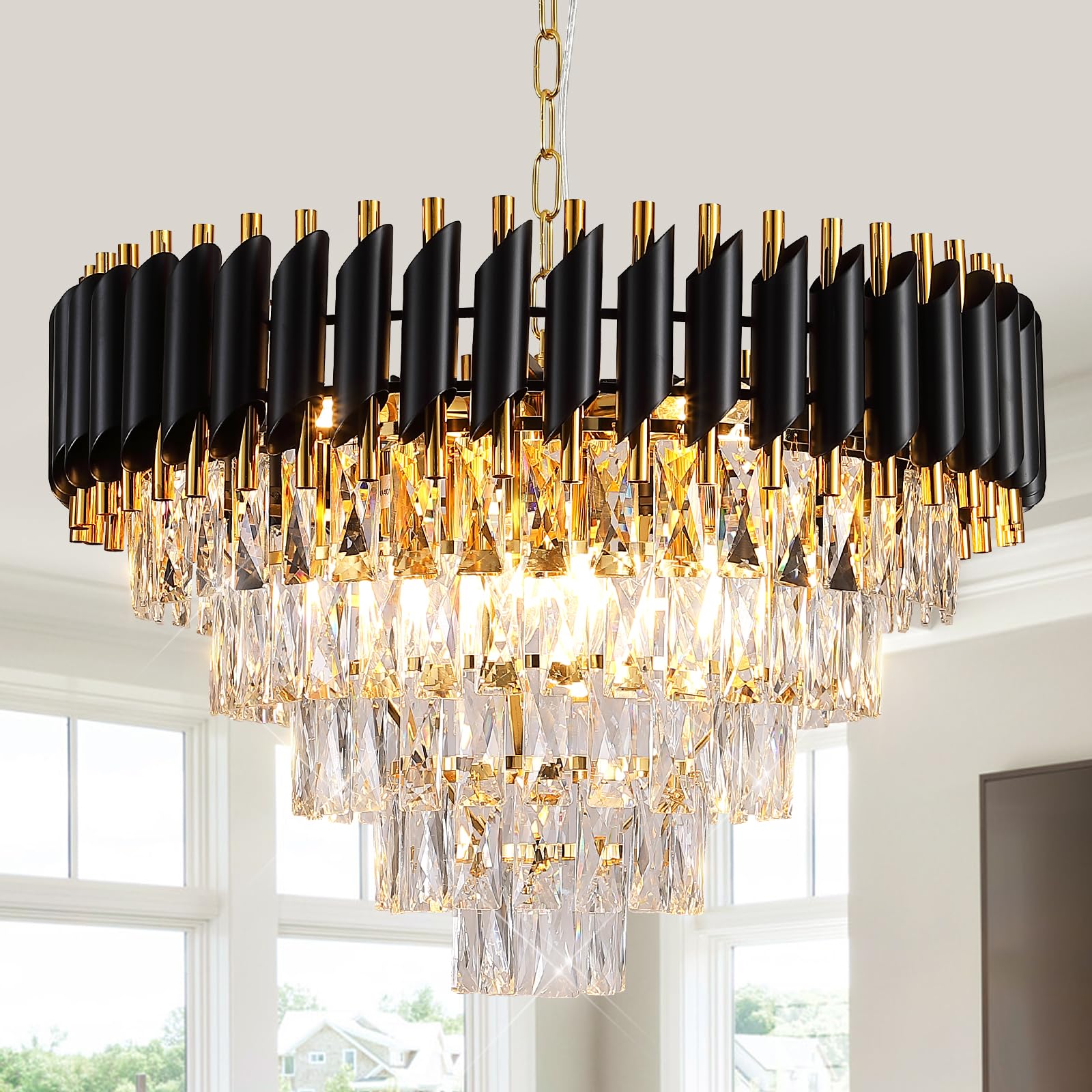 Modern Crystal Chandelier Large 24" Dining Room Chandelier Ceiling Round Pendant Lighting with 5 Tiers for Foyer Living Room Staircase Flush Mount K9 Crystal Ceiling Lights Fixtures