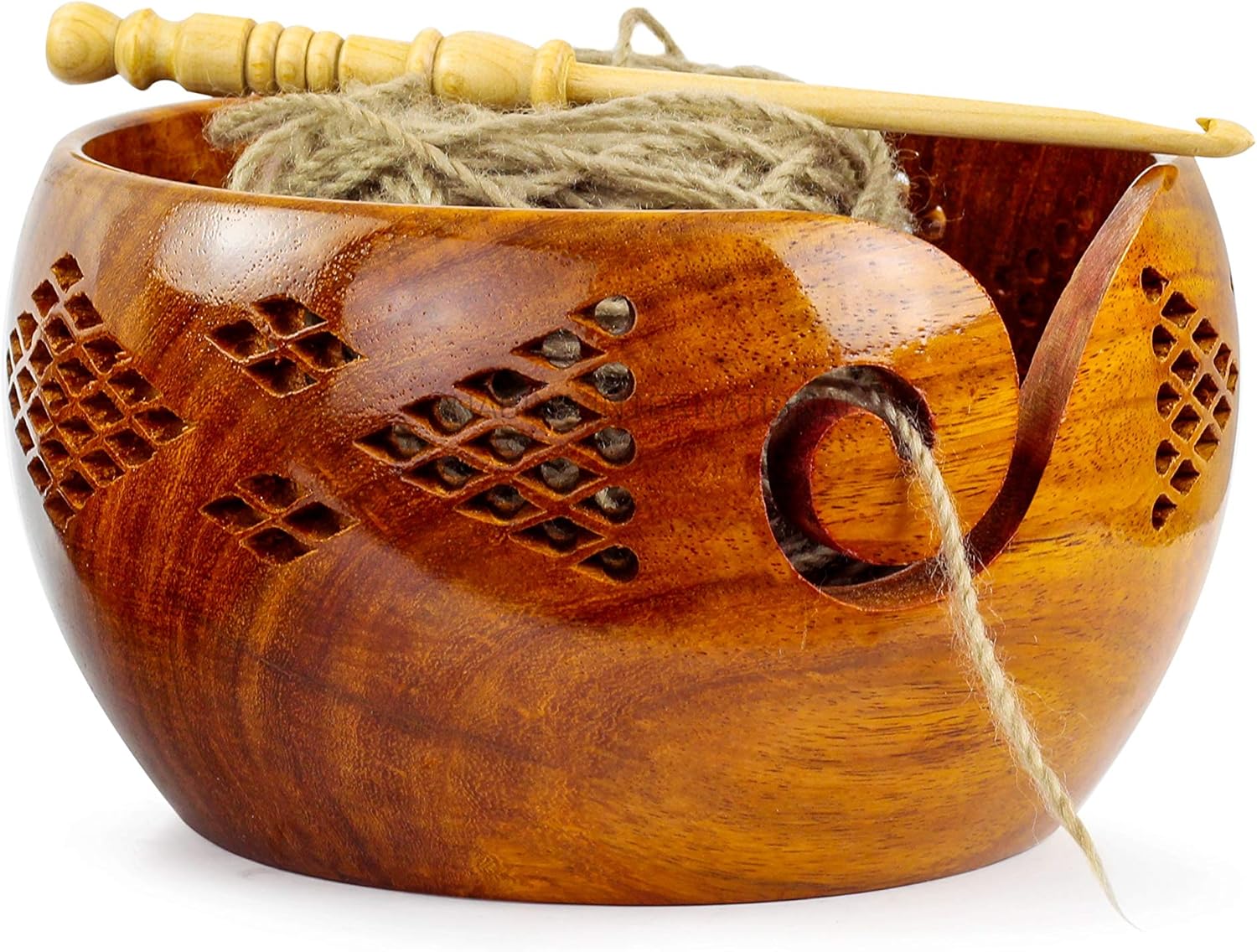 Nagina International Premium Rosewood Crafted Yarn Storage Bowls With Decorative Carved Handmade Grills - Knitting & Crochet Accessories Supplies (Large)