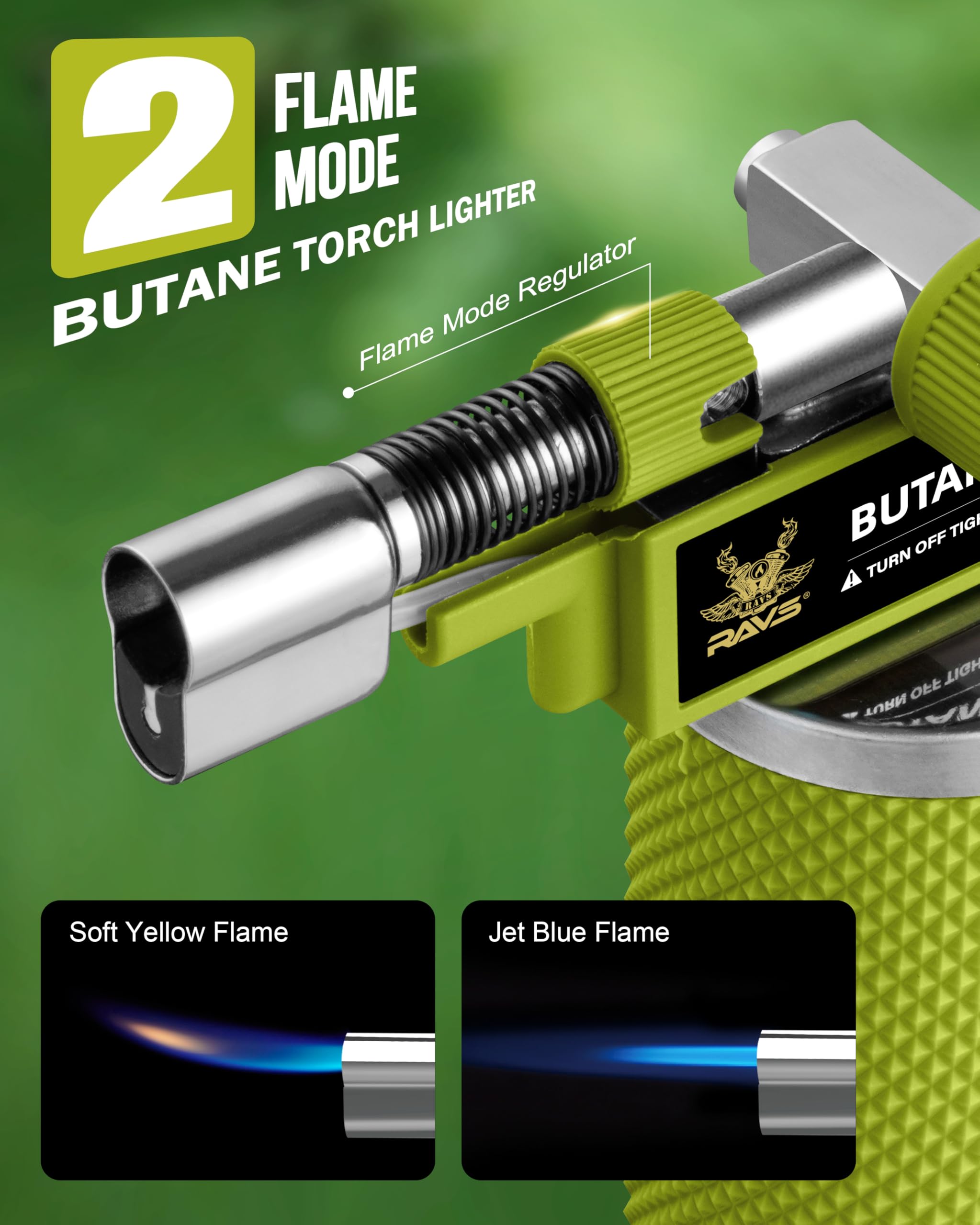 RAVS Encendedor de butano con modo de llama dual, linterna de cocina recargable, cuerpo de metal, para hornear, cocinar, arte de resina con llama ajustable, soplete de soldadura verde, gas butano no
