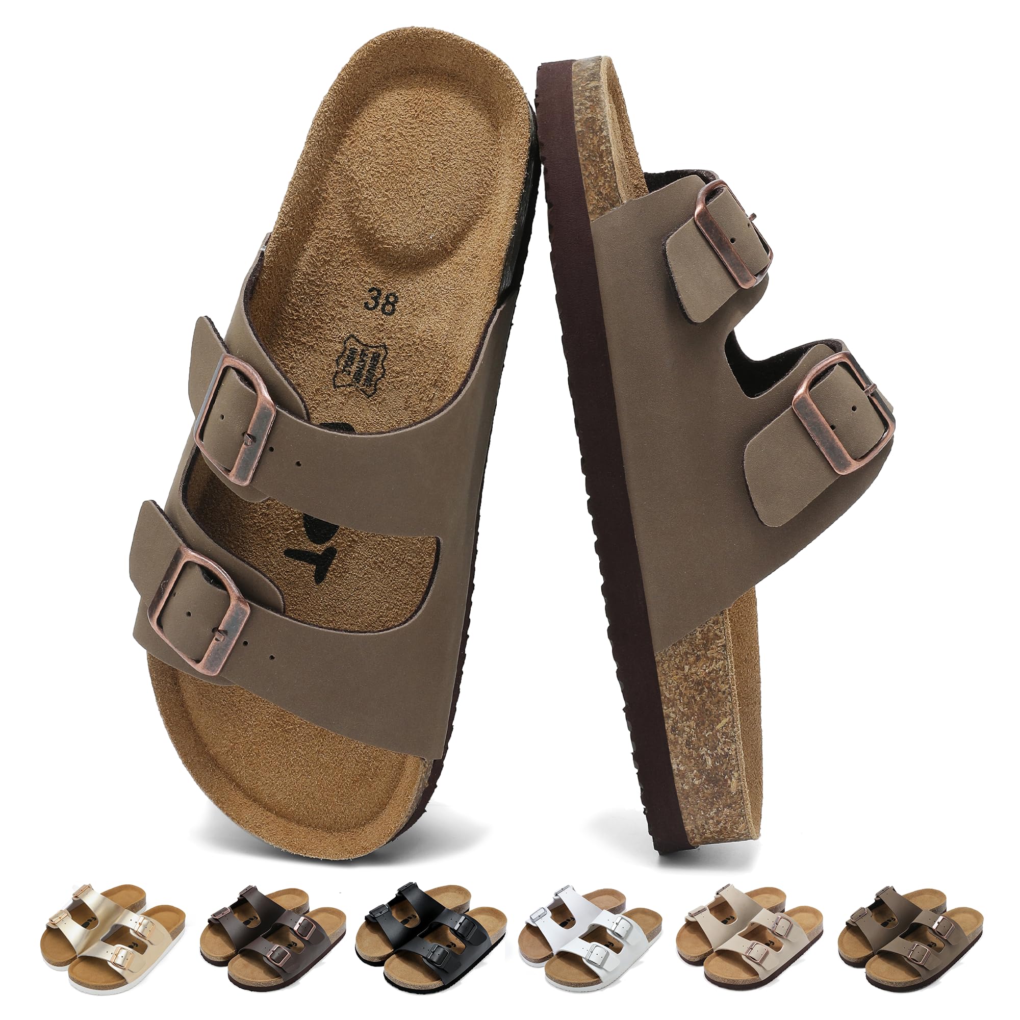 Sandali Donna con Plantare in Sughero e Fibbia Regolabili 36-42EU | Sandali Ortopedici con Supporto Arco Plantare Comode Antiscivolo Ciabatte Casa con Vera Pelle Plantare Memory Foam Pantofole