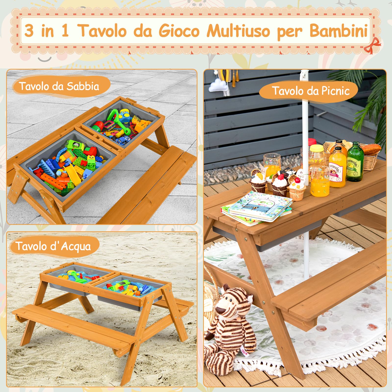 Set Tavolo da Picnic e Panca per Bambini, Tavolo da Gioco in Legno di Abete con Ombrellone Rimovibile e Pieghevole, per Giardino Cortile Patio, | Leroy Merlin