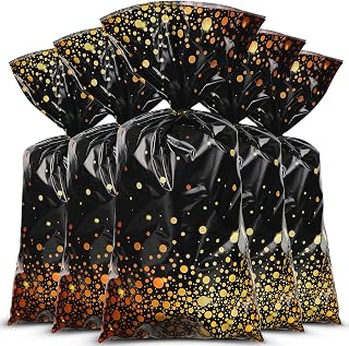 100 Pieces Plastic Party Treat Bags Foil Dot Cellophane Candy Goody Treat Bags with 100 Gold Twist Ties for Christmas Near Year Birthday Retirement Cocktail Wedding Party Supplies(Black Gold)