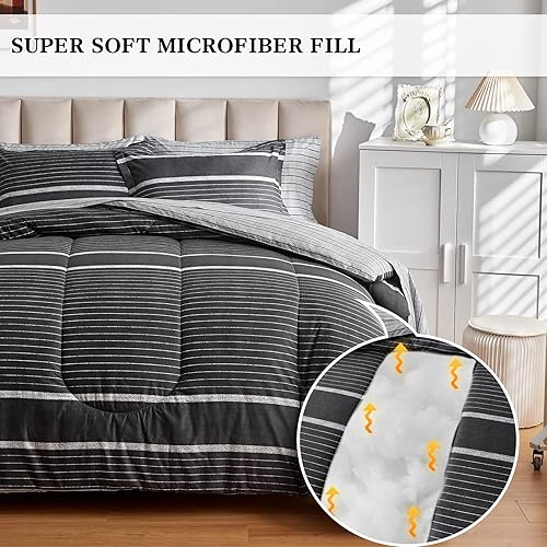 Miniatura 3 de Flysheep Juego de sábanas de 6 piezas a rayas bohemias degradadas en una bolsa, tamaño individual, a rayas blancas sobre negro y gris oscuro (1