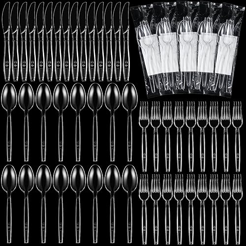Miniatura 7 de Suclain Juego de cubiertos envueltos individualmente, 1000 unidades, 250 utensilios desechables de plástico, suministros para fiestas, servilletas,