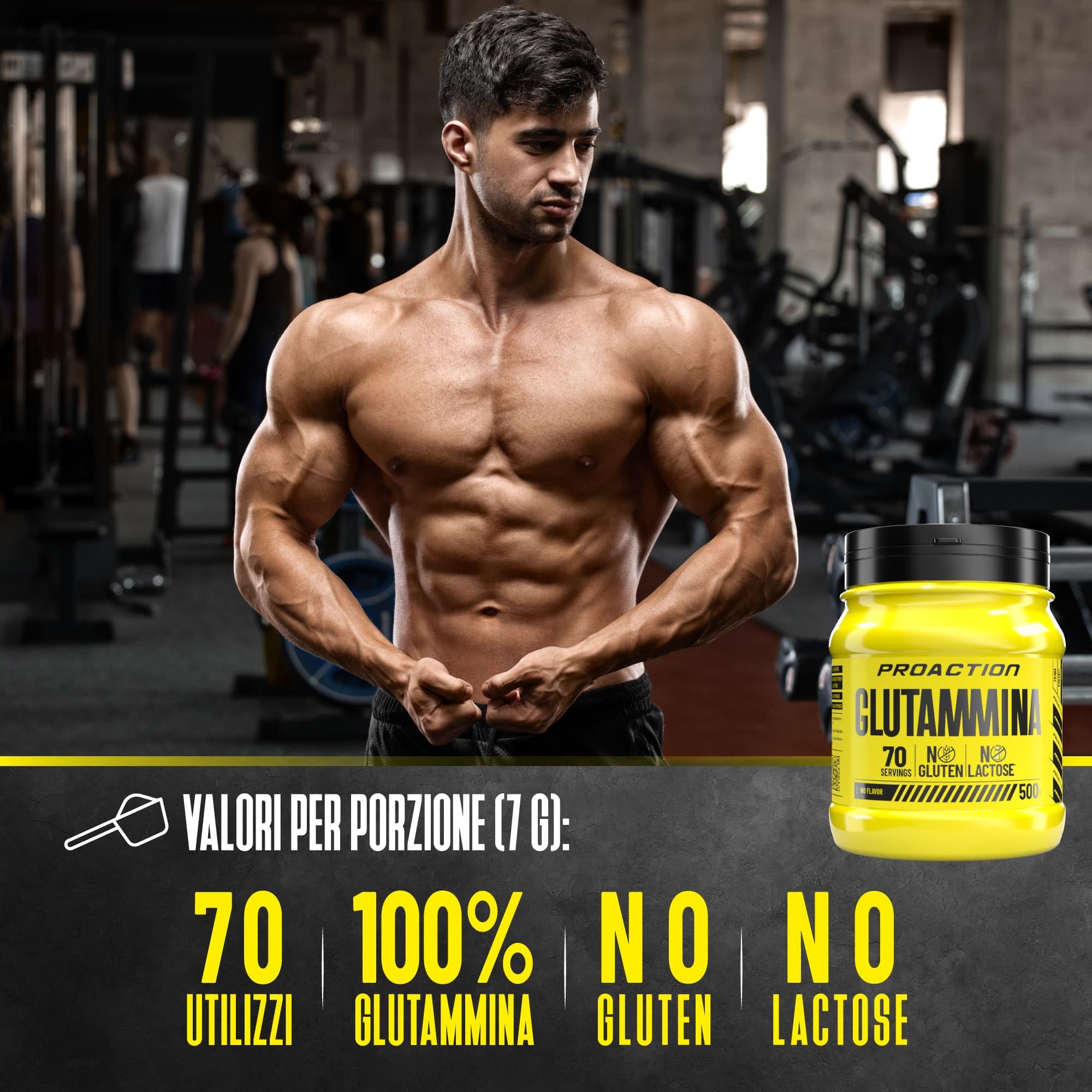 ProAction Glutammina in Polvere | L-Glutammina 100% Pura | Recupero Muscolare & Energia Post-Allenamento | Senza Glutine & Lattosio | 70 Porzioni | 500g