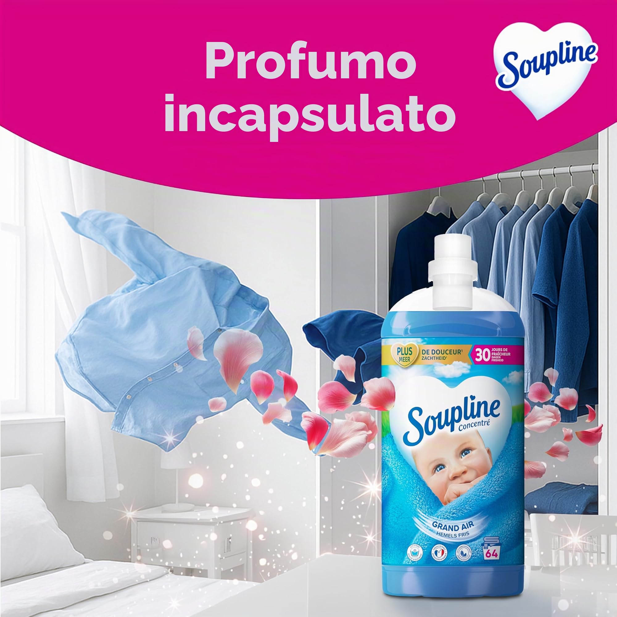 SOUPLINE Soupline ammorbidente concentrato 3D grande aria ammorbidente ammorbidente formula migliorata per una maggiore morbidezza, ammorbidente tessile liquido, 3 x 1,35 l
