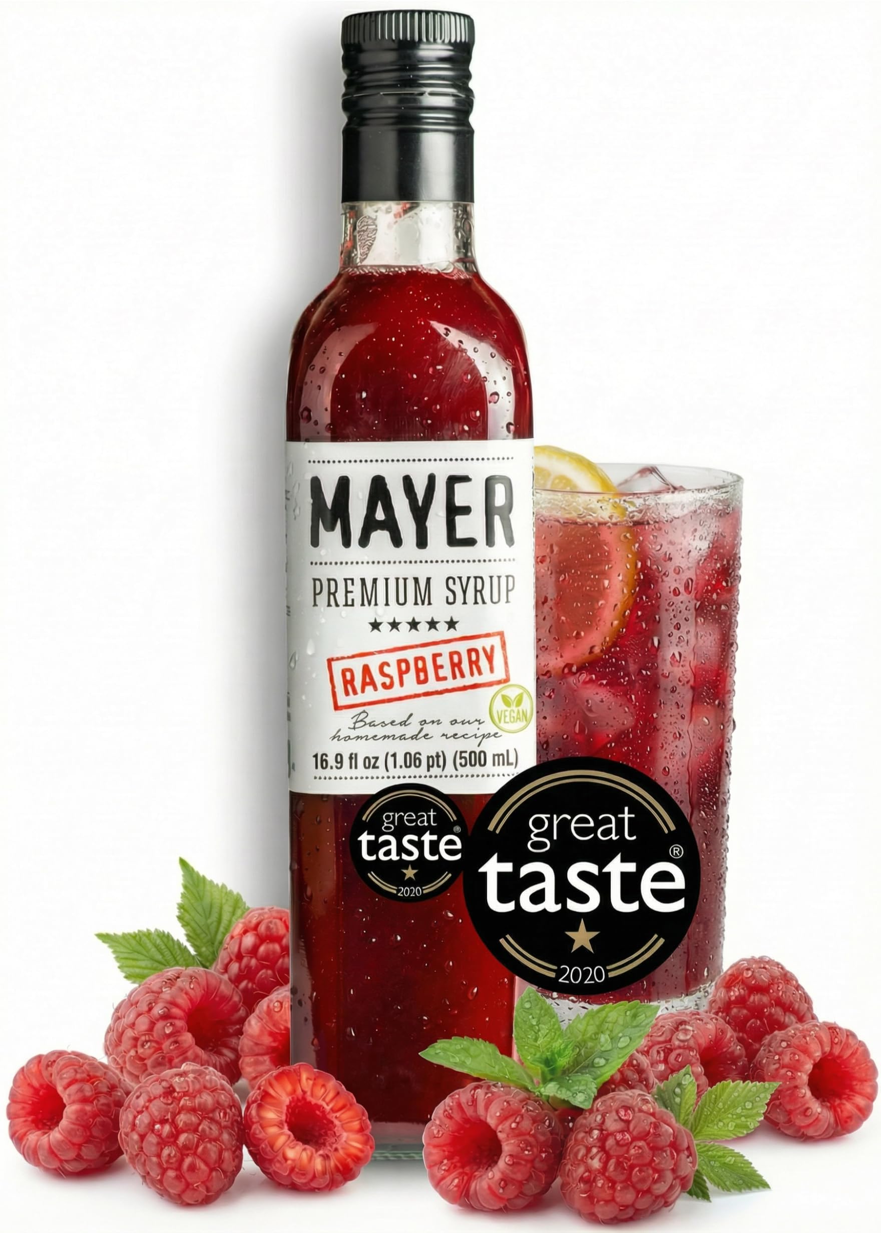 Mayer Raspberry Syrup for Drinks, Artisanal, Award-Winning, All-Natural, Vegan, Gluten-Free, With 100% Real Fruits, Perfect Coffee Syrup & Cocktail