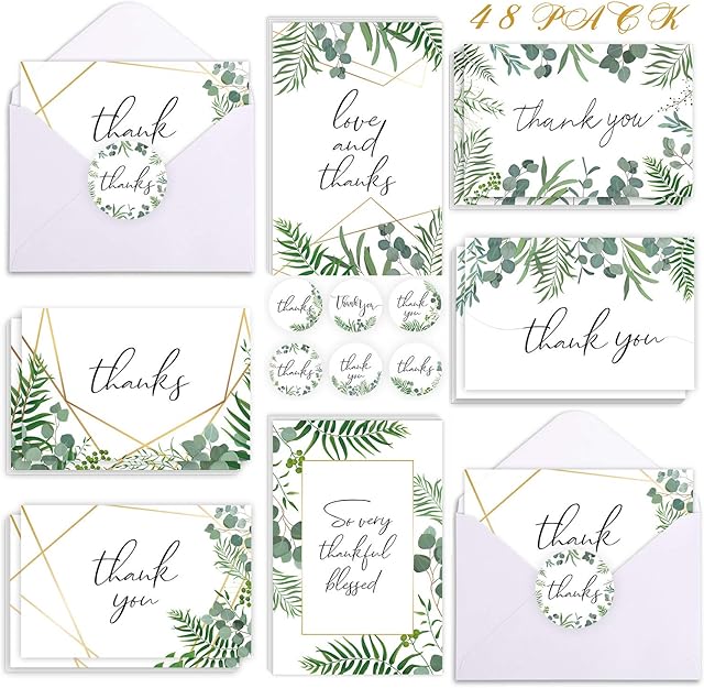 Whaline 48 Pack Thank You Card with Envelopes and Stickers, Greenery Leaves Thanks Note, 6 Forest Style Gratitude Cards for Wedding Greeting Baby Shower Bridal Shower Anniversary, 4 x 6 Inch