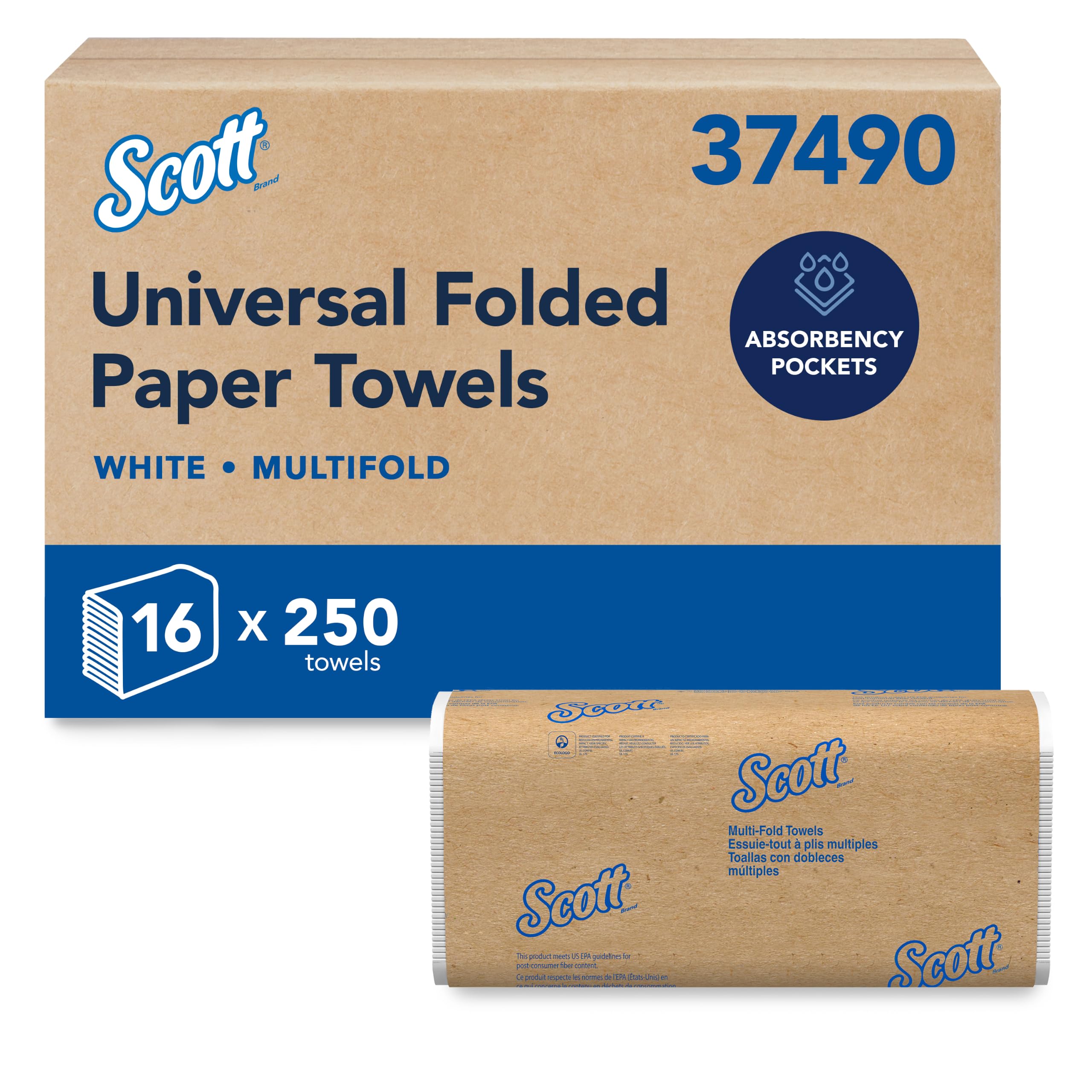 Scott Essential Essuie-mains 3749, Essuie-mains en papier pliés en V, Blanc, Haute Absorption, Doux, Résistants, Écoresponsables, 16 Clips x 250 Feuilles (4000 Feuilles au Total)
