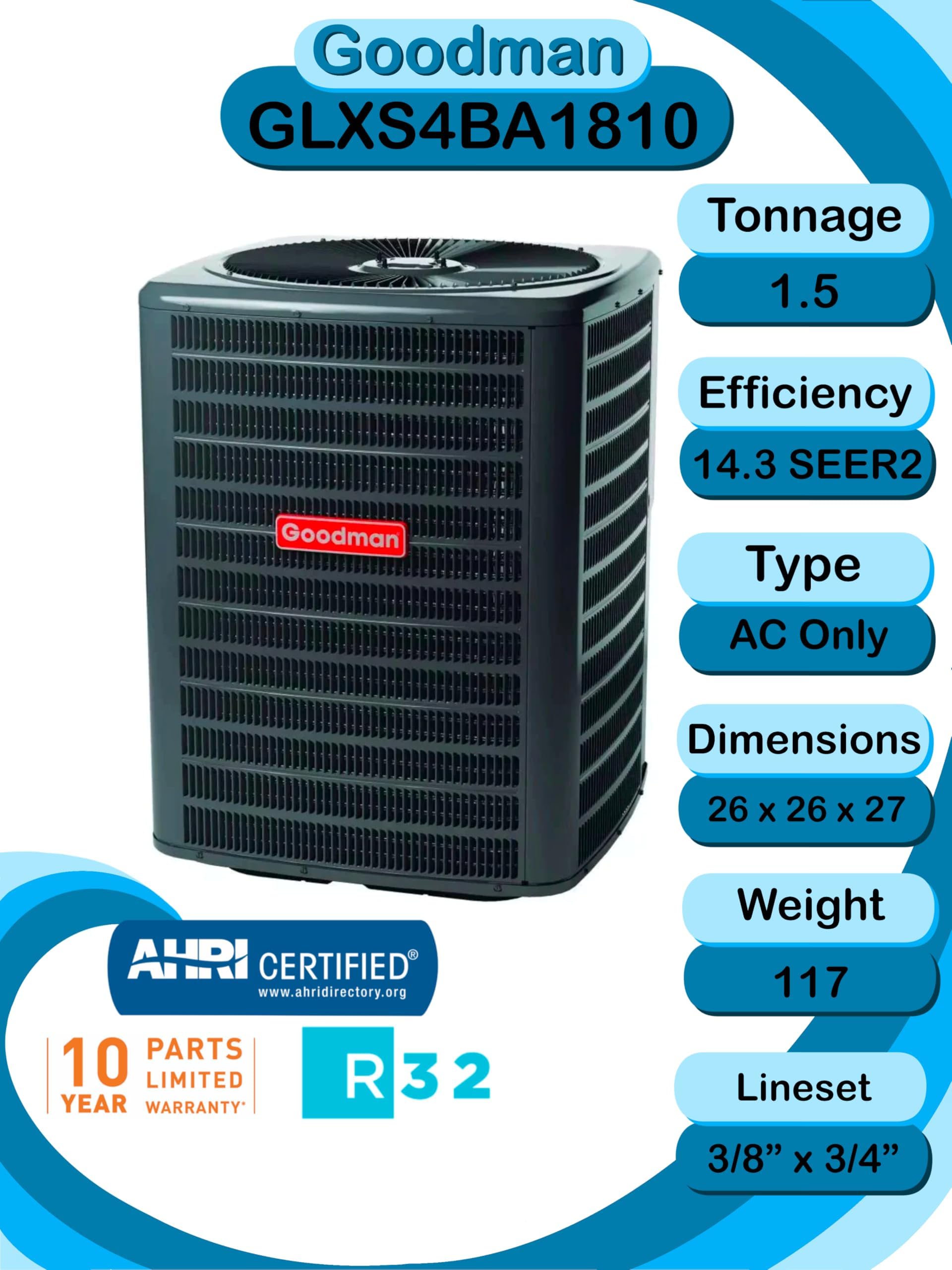 Amazon.com: Goodman 1.5 TON 14.3 SEER2 R-32 AC Only System