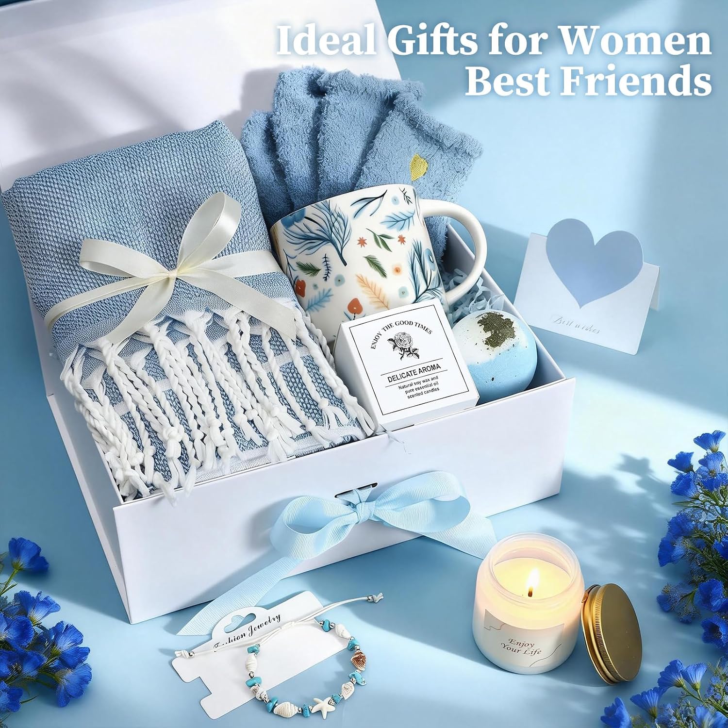 Toylink Birthday Gifts for Women Self Care Gift Baskets Care Package Set for Women Happy Blue Ocean Relaxing Spa Get Well Soon Gift Box, Unique for Mom Her Sister Best Friend Wife Grandma Coworkers