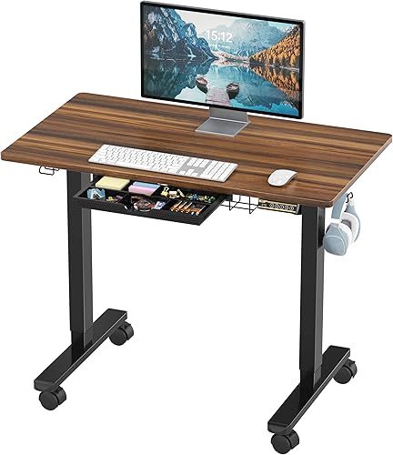 Miniatura 9 de SHW Escritorio eléctrico móvil de 40 pulgadas de altura ajustable para sentarse a estar de pie con cajón, ganchos para colgar y organizar cables,