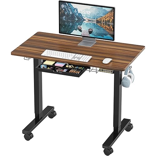 SHW 40-Inch Mobile Electric Height Adjustable Sit to Stand Desk with Drawer, Hanging Hooks and Cable Management, Walnut