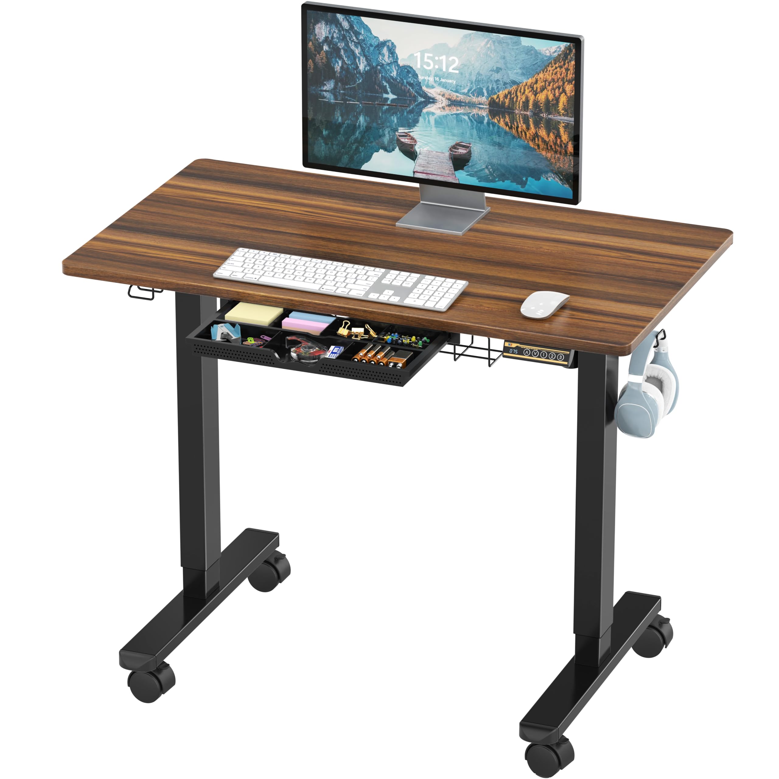 SHW 40-Inch Mobile Electric Height Adjustable Sit to Stand Desk with Drawer, Hanging Hooks and Cable Management, Walnut