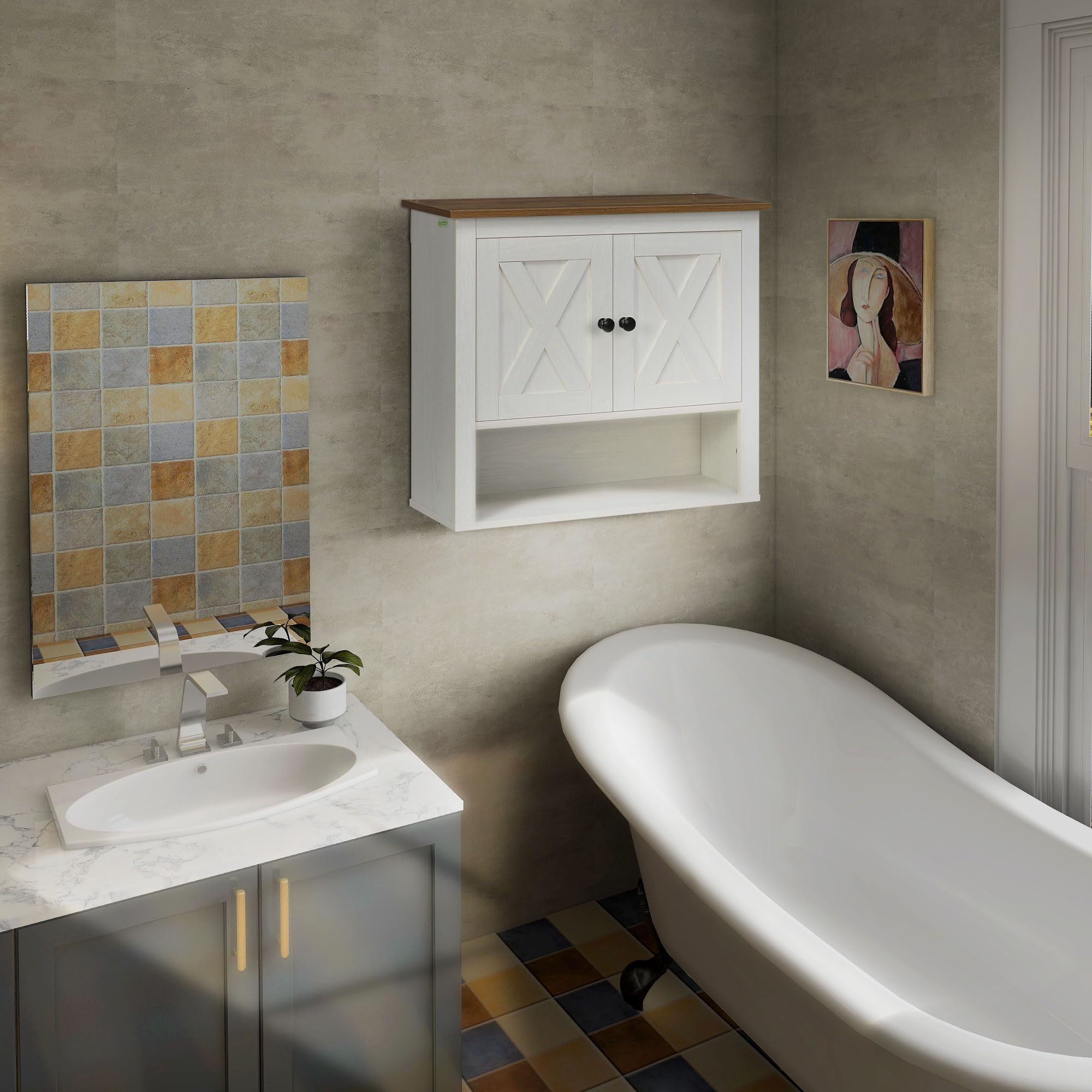 HOMCOM Badkamerwandkast, hangkast, toilet, kast, 1 deur, 3 nissen
