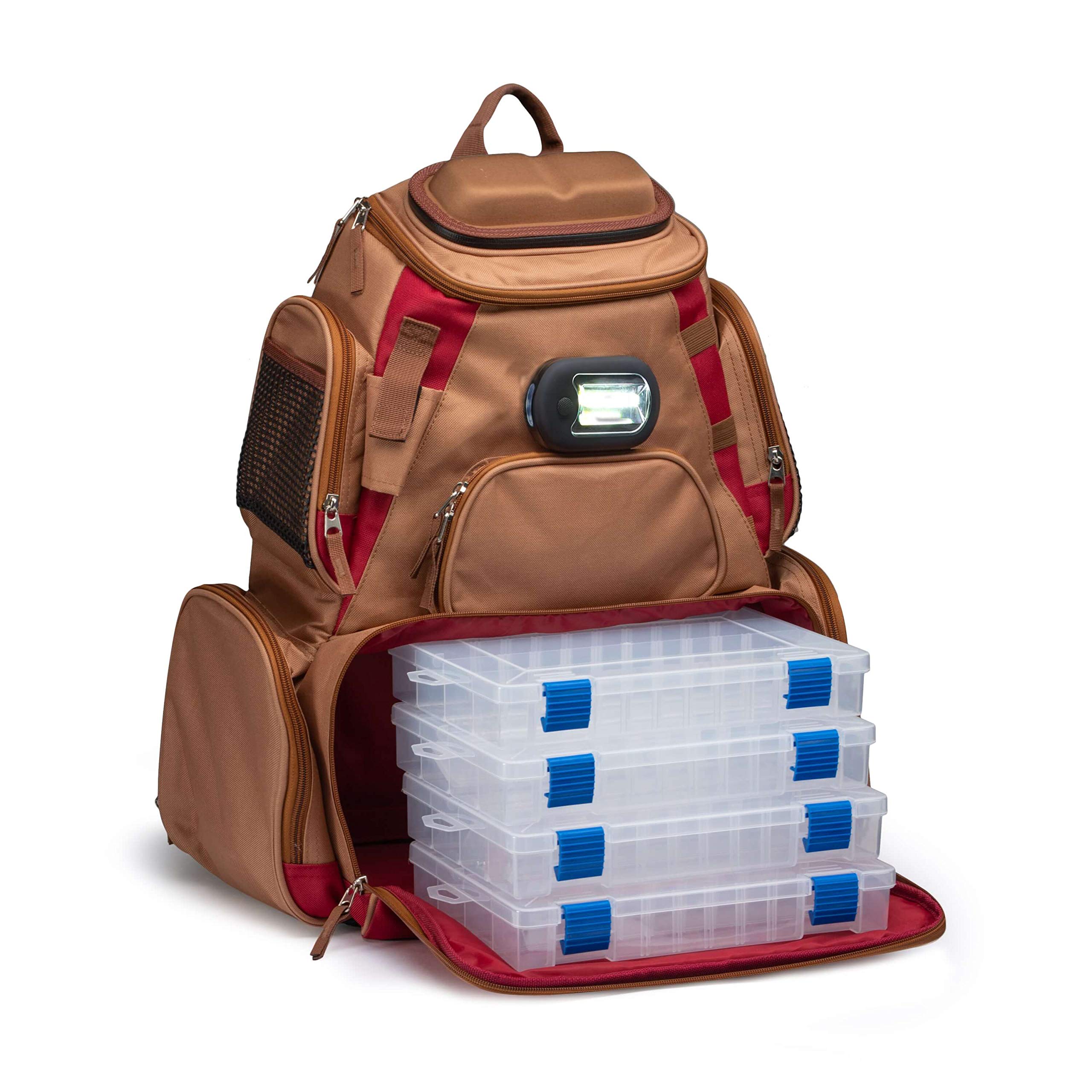 Backpack Tackle Box with LED Light (Tan & Burgundy)
