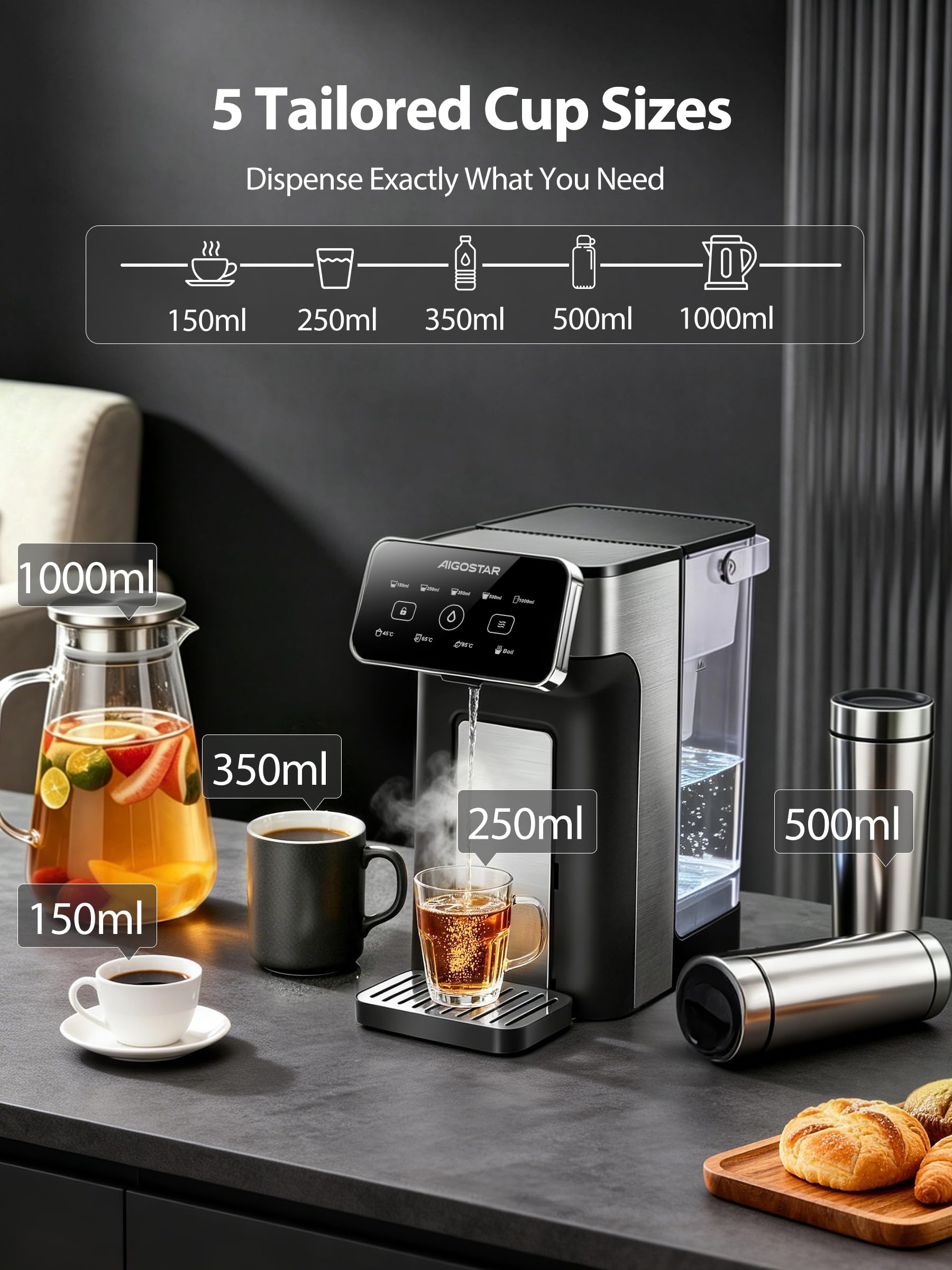 Aigostar - Distributeur d'Eau Chaude Instantané 3L Inox, Eau Chaude en 3 Secondes, 4 Températures Réglables 45-100°C, 5 Volumes 100-1000ml, Écran Tactile, Plateau Réglable en Hauteur, Sécurité Enfant