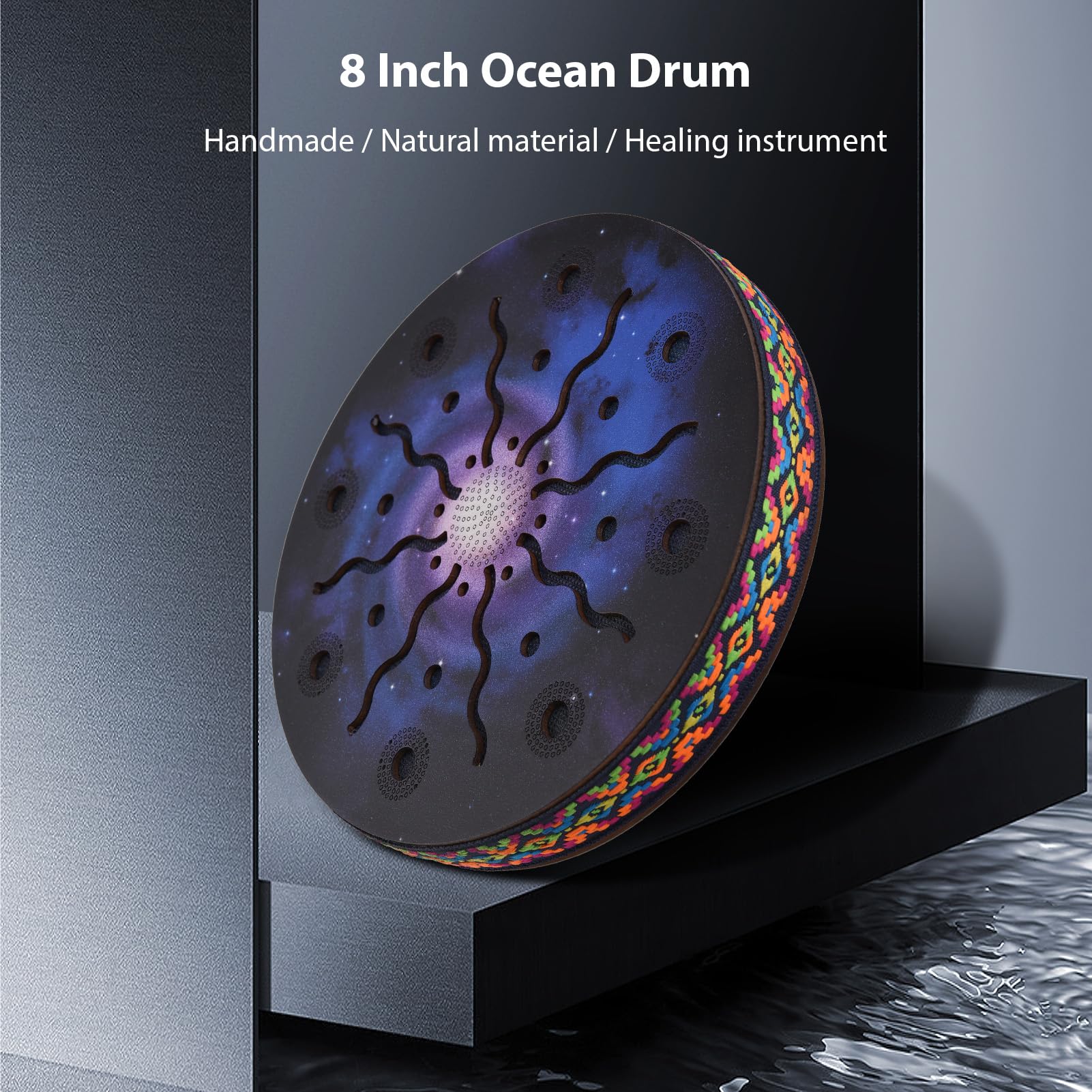 20,3 cm Ozeantrommel, ethnisches Percussion-Instrument, bemalte Trommelmuster, Birke, Holztrommel, gewebter Rand, für Zuhause, Partyzubehör, Onomatopoeische Musik