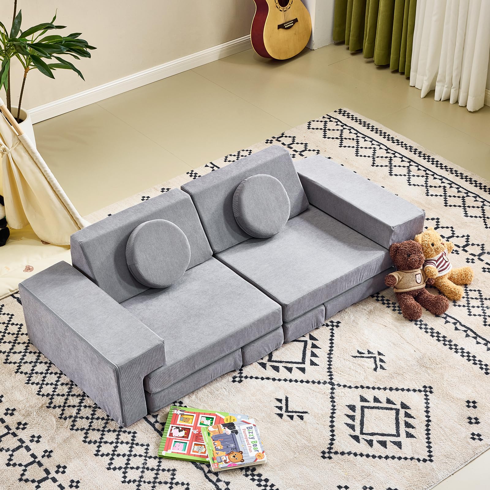 LALAHO Kindersofa Spielsofa für Kinder aus Kordsamt Cord，Klappbar Schaumstoff Bausteine kindercouch & Kindersessel，Vielseitige über Frei Baubare DIY，für Kinder für Spielzimmer，Schlafzimmer Möbel（Grau）