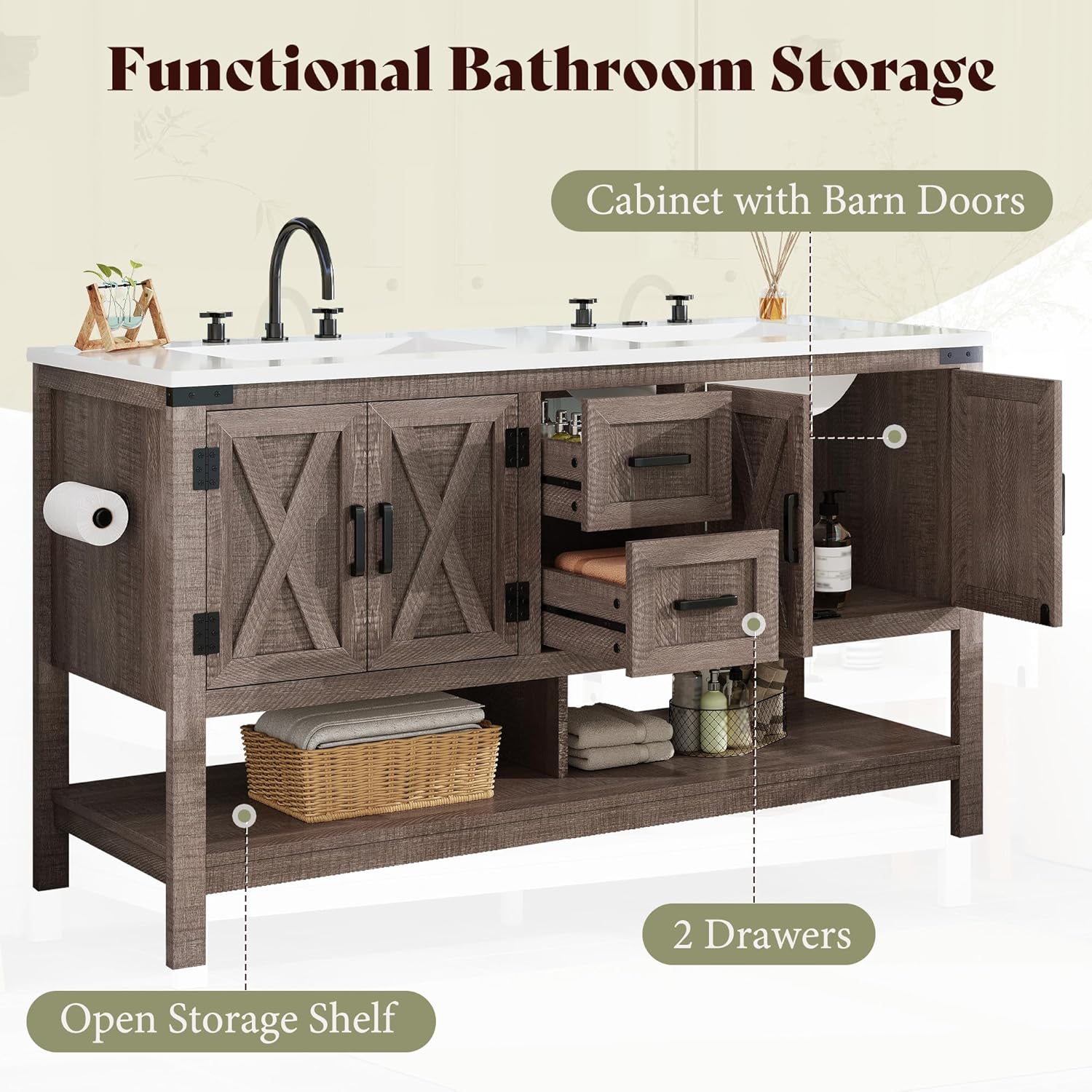 AMERLIFE 60” Farmhouse Bathroom Vanity with Double Sink, Freestanding Cabinet with 2 Drawers, 4 Barn Doors & Open Shelf, Rustic Storage for Master or Family Bathroom, Light Gray