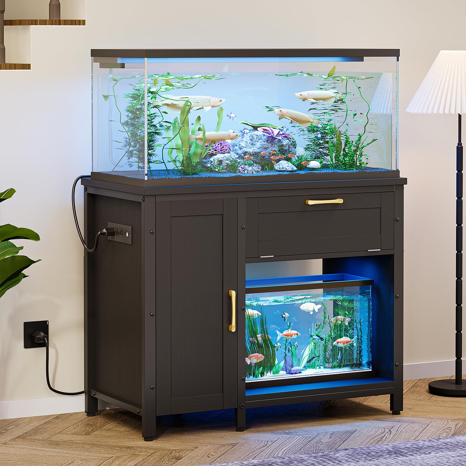Bestier 40-50 Gallon Fish Tank Stand with Power Outlet&LED Light, 37x18 Heavy-Duty Metal Aquarium Stand with Cabinet&Drawer for Accessories Storage,