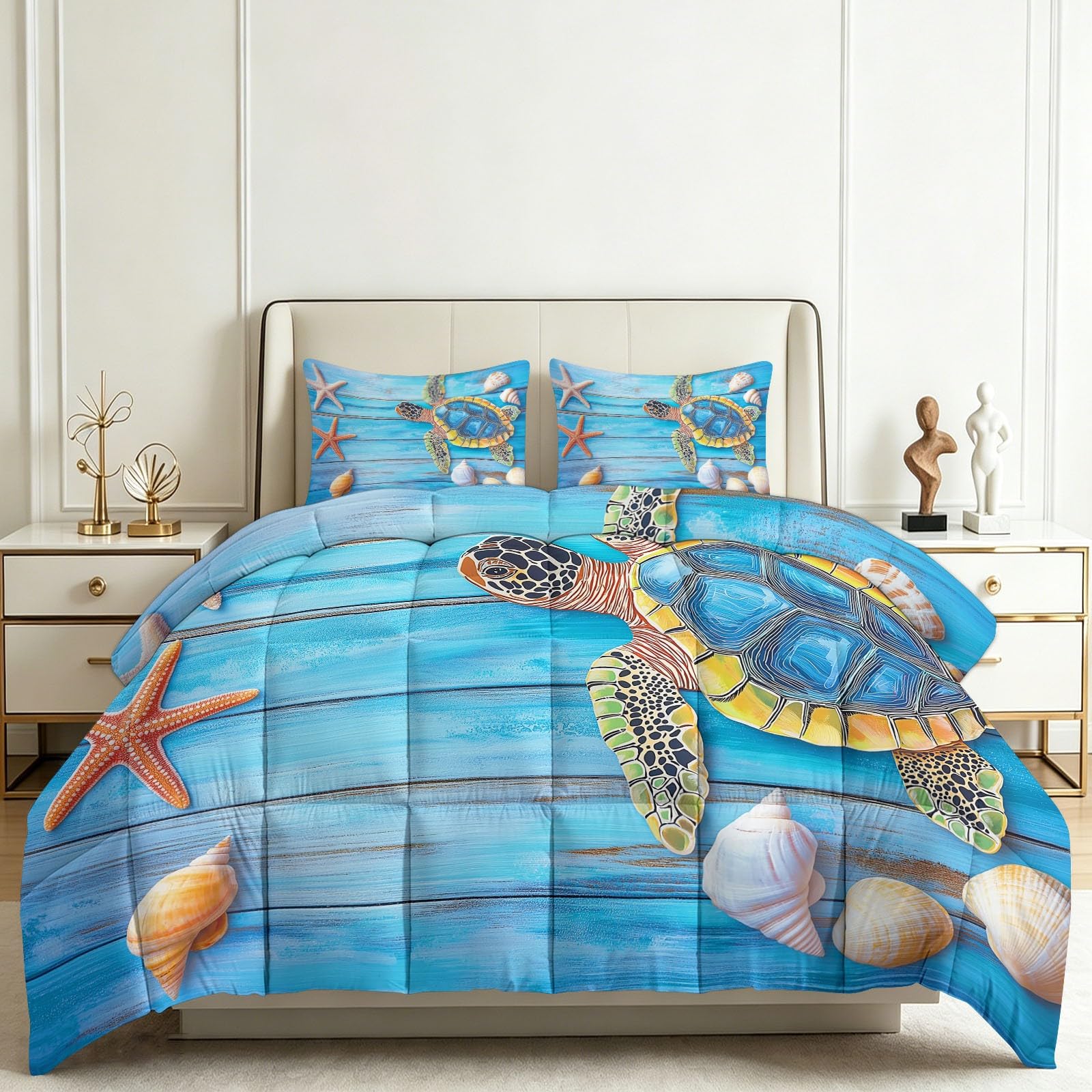 Tutte le stagioni - Trapunta in legno stile country, 240 x 260 cm, motivo: tartaruga in legno stile country, trapuntata, lussuosa e morbida, in piumino e piume, traspirante, lavabile in lavatrice