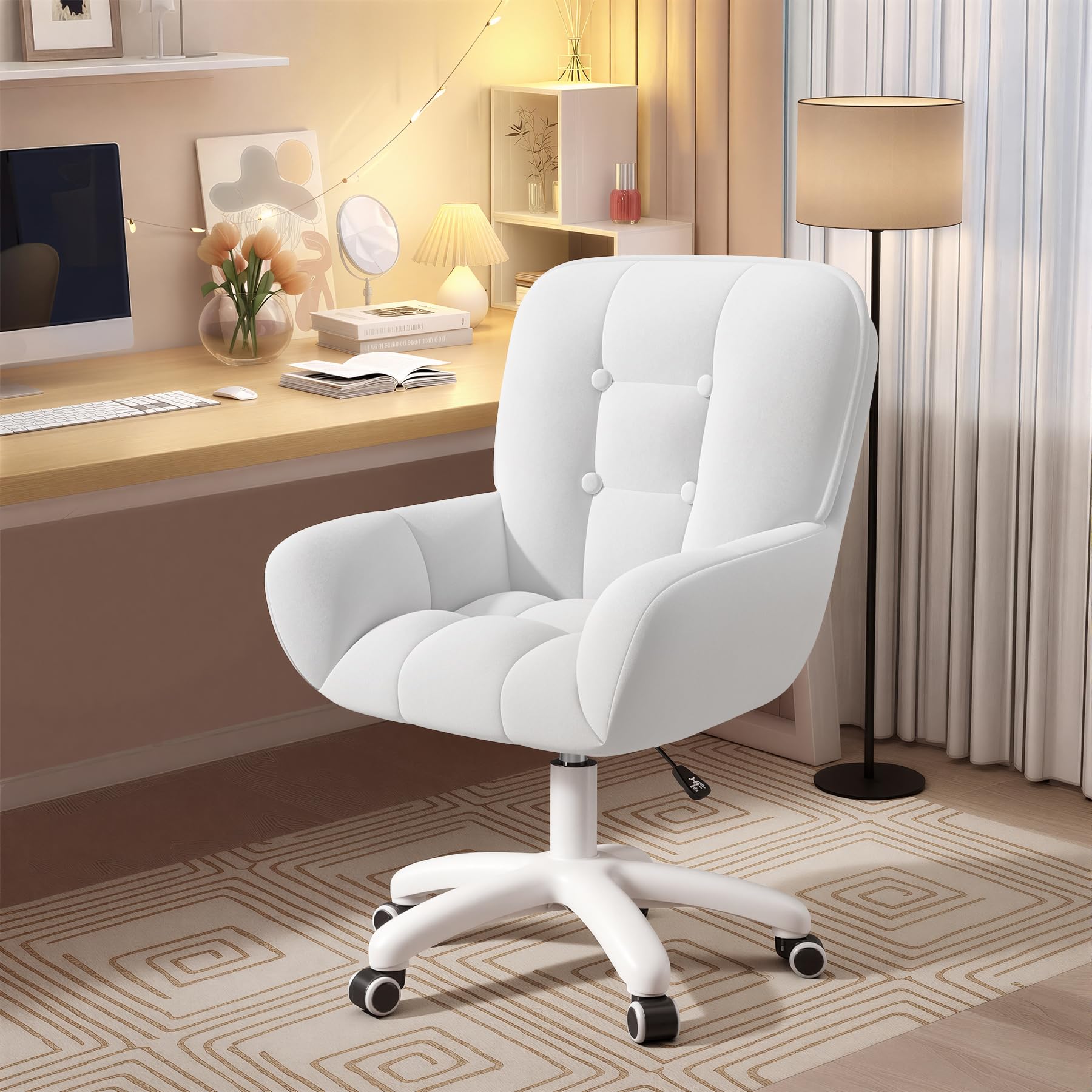 Homeoffice & Schminkstuhl 2-in-1 Ergonomischer Samt Drehstuhl 360°, Höhenverstellbar für Arbeitszimmer Schlafzimmer Weiß | Höhenverstellbar,360°Drehfunktion, bis 150kg,Samtbezug,Homeoffice Stuhl,Schminktischstuhl, Schlafzimmer,Arbeitszimmer