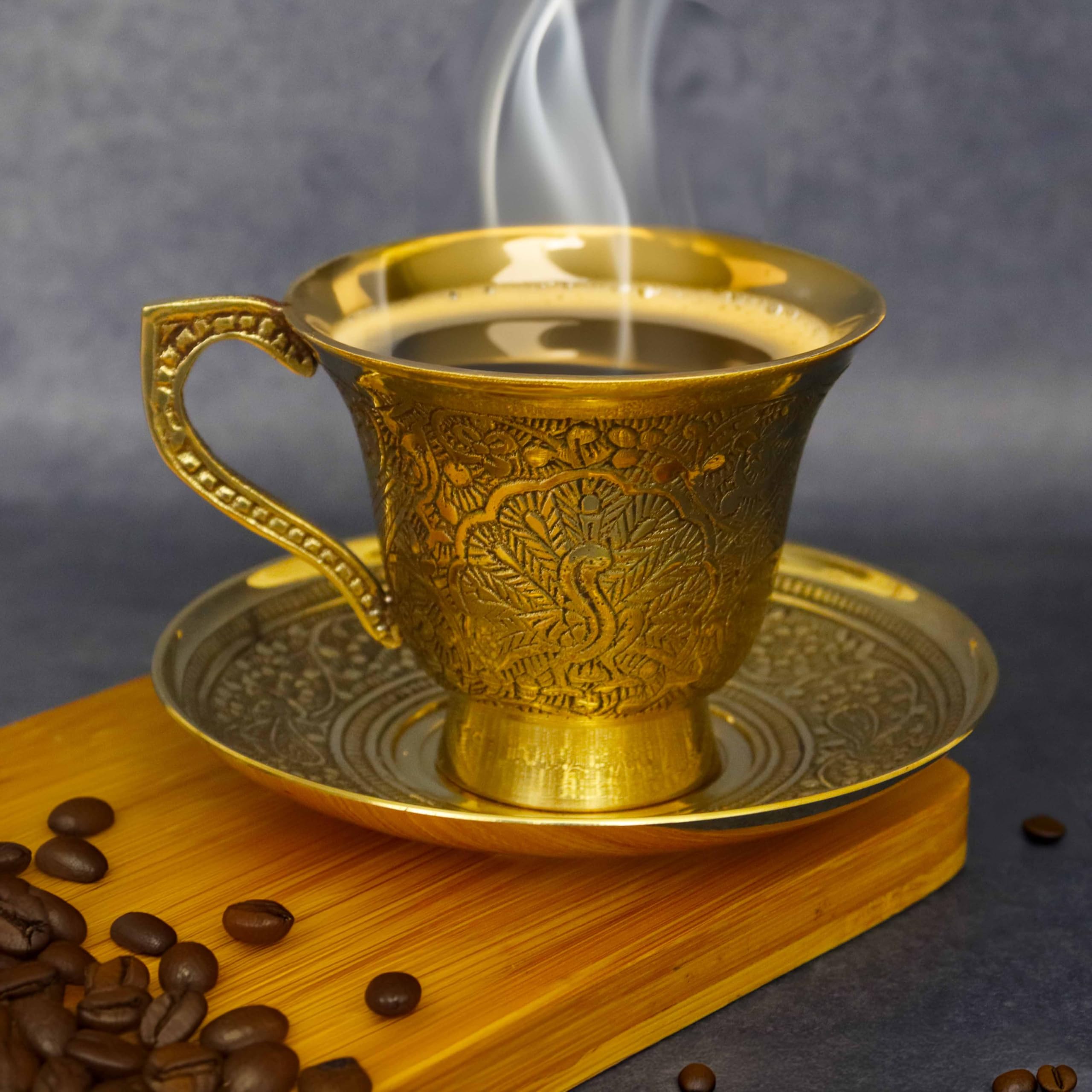 Putrika Traditional Handcrafted Brass Engraved Coffee Dabra Cup and Saucer |Madrasi Filter Coffee Cup Set Brass| Teacup with Plate| Tea Cup -Peacock Cup and Saucer