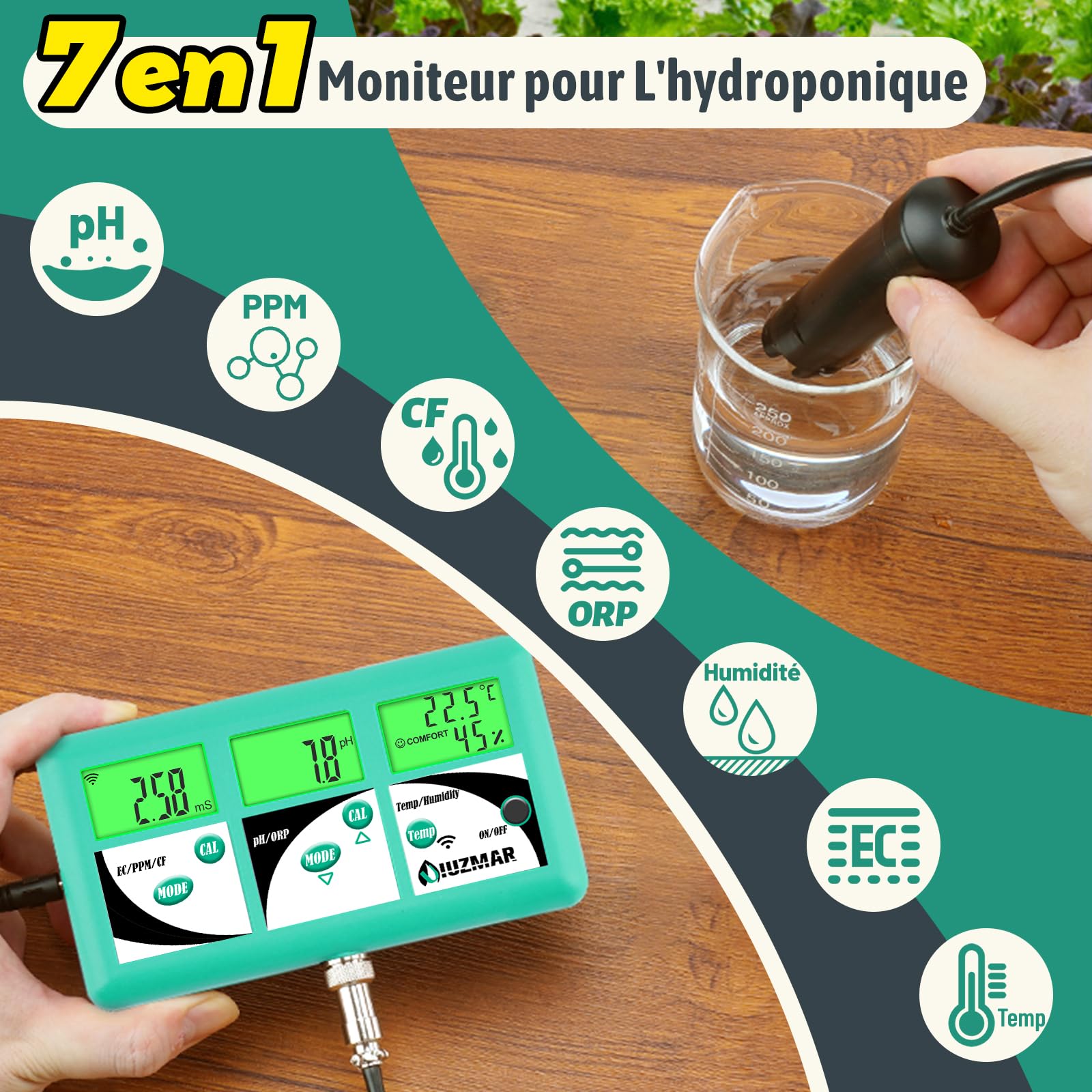 UIUZMAR pH EC TDS Moniteur pour Hydroponie 7 en 1 | pH EC PPM CF Température Testeur D'humidité De L'air Pour L'aéroponie Contrôler La Conductivité pH De La Solution Nutritive