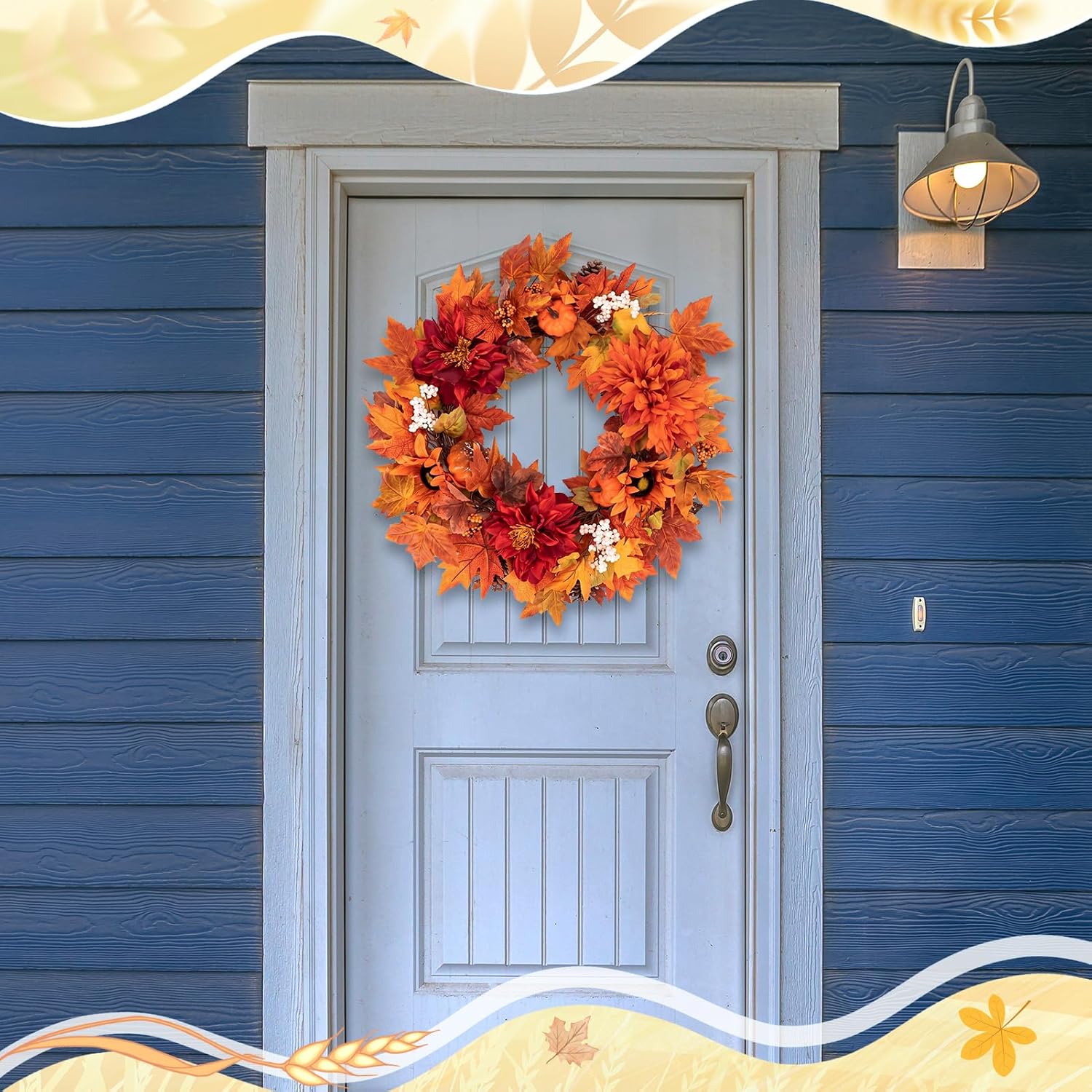 Fall Wreaths for Front Door Decor Artificial Flower, 24" Pumpkin Autumn