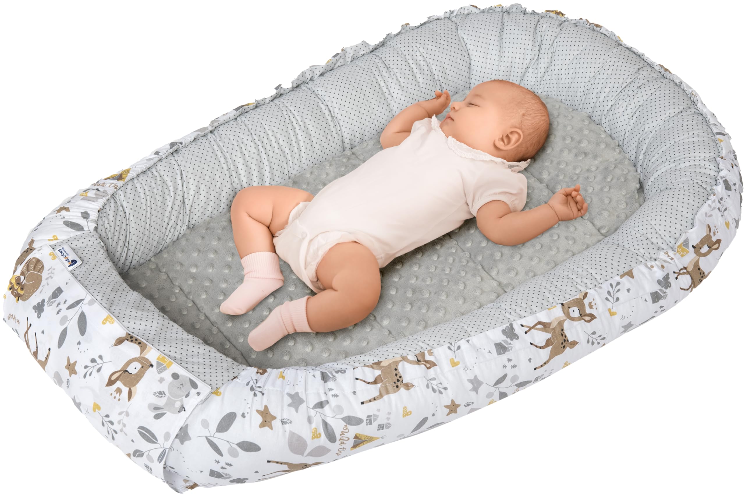 Medi Partners Babynest Nestchen für Neugeborene - 100x60x15 Babynestchen Baby zweiseitg Nest Bett 100% Baumwolle Minky Kuschelnest tragbar (REH mit Grauem Minky)