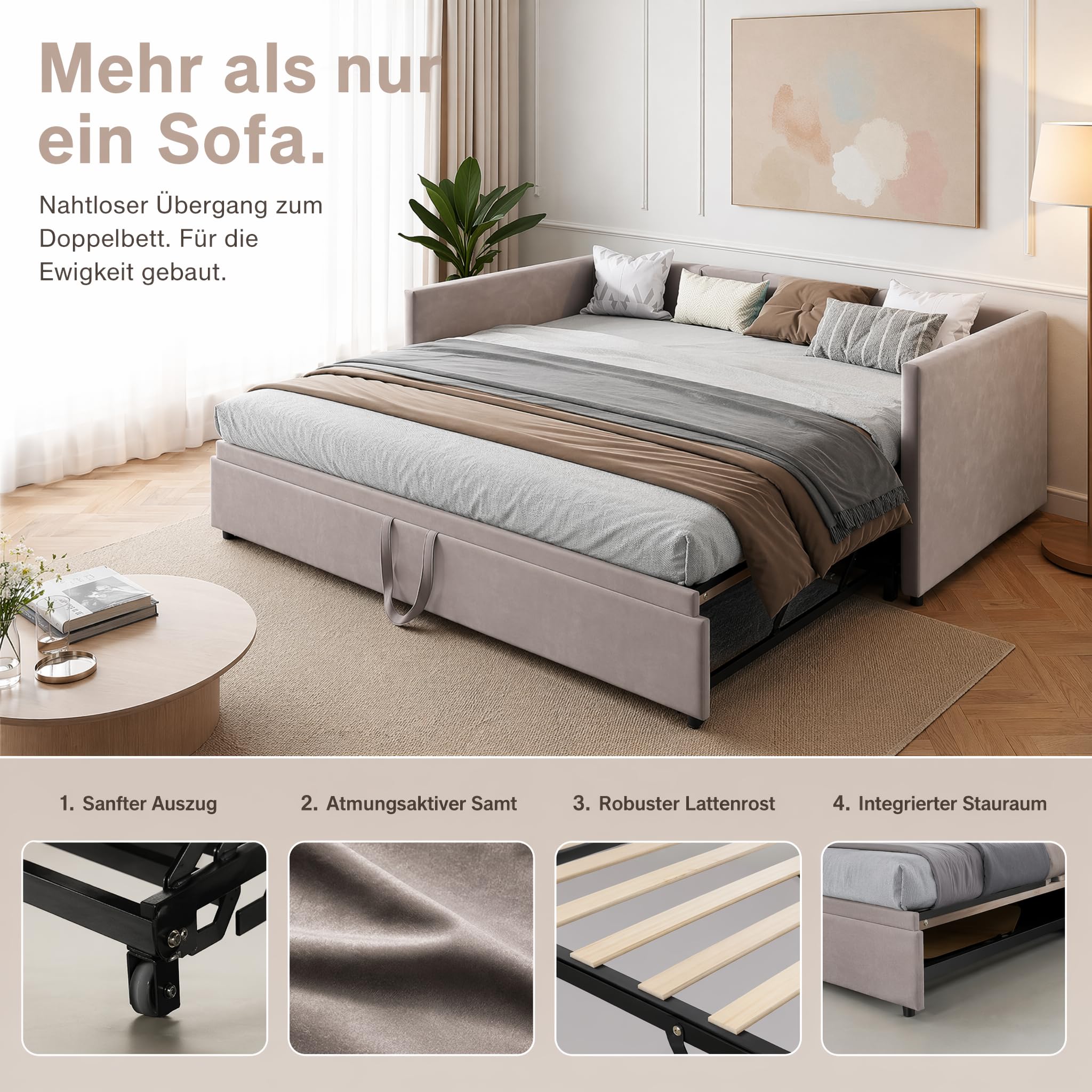 Schlafsofa 90/180 x 200 cm, Tagesbett Ausziehbar, 2-Sitzer-Sofa mit Lattenrost, Polsterbett mit Bettkasten,Ausziehbett Doppelbett für Erwachsene, Grau Samt(ohne Matratze) (Grau, 90/180 x 200 cm)