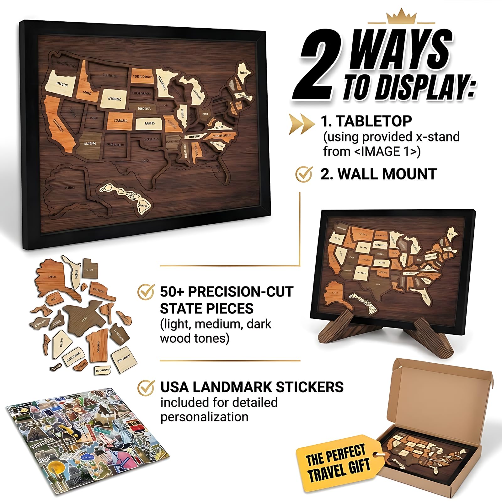 Puzzle carte de voyage USA en bois 30,5 x 25,4 cm 50 états amovibles avec support
