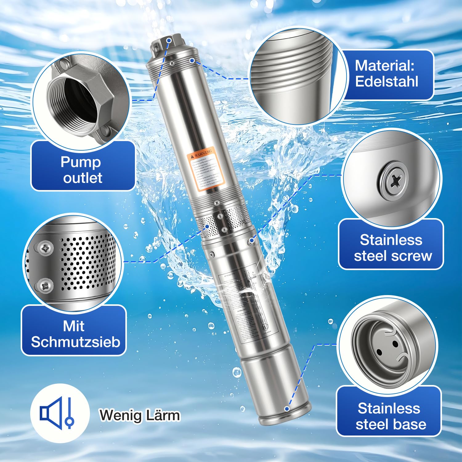 Pompa per fontana profonda, 370 W, in acciaio inox, con cavo di collegamento da 20 m, condensatore integrato, altezza massima di consegna: 34 m, pompa dell'acqua per impianto idraulico