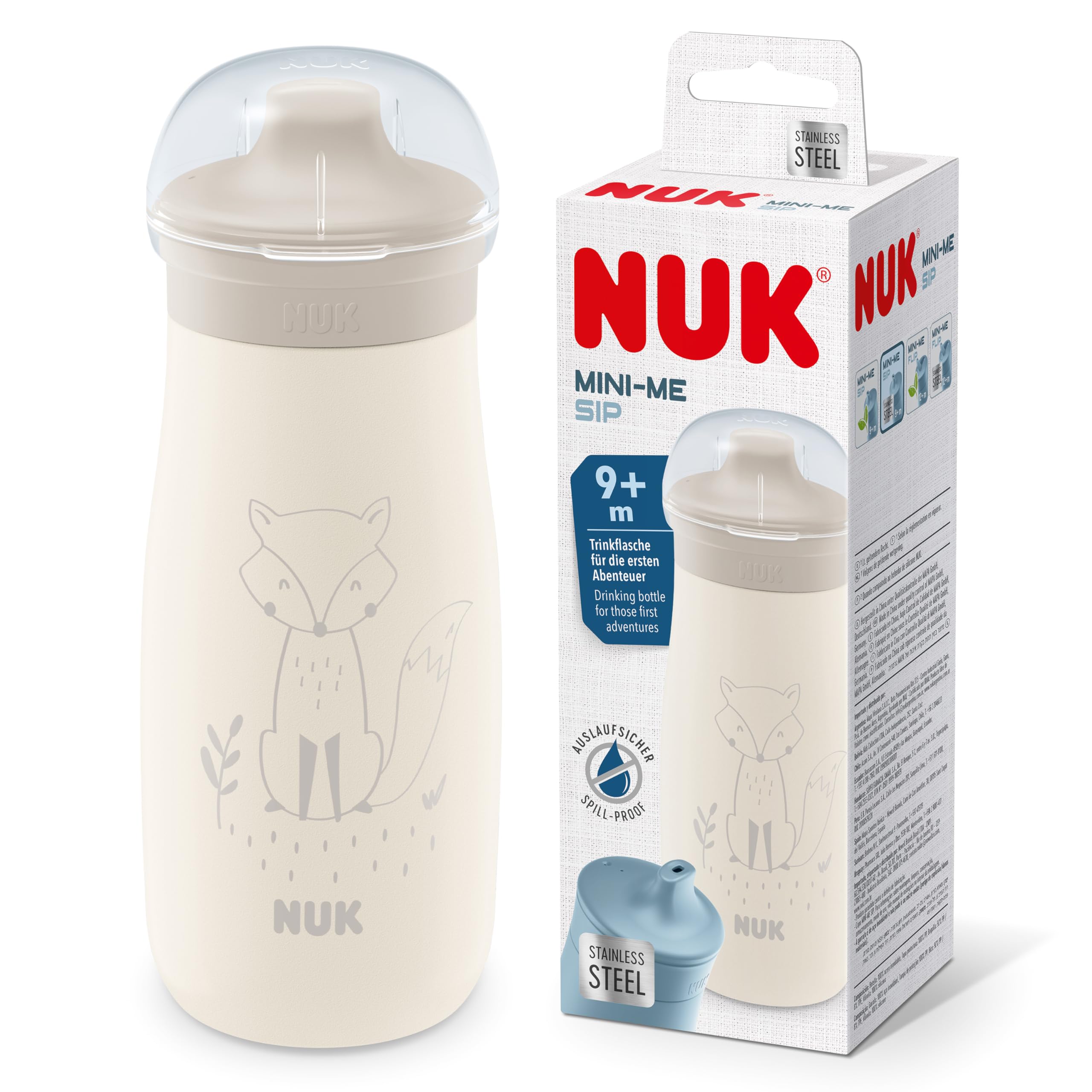 NUK Mini-Me Sip für Kleinkinder | ab 9 Monate | 300 ml | Edelstahl-Wasserflasche für Kleinkinder | auslaufsichere stabile Trinköffnung | bruchsicher | hellbrauner Fuchs