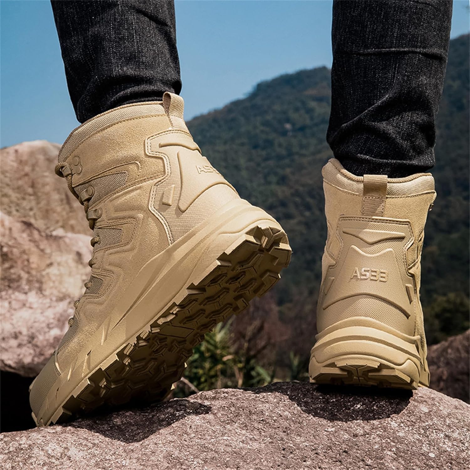 Men's Leather Mesh Lace Up Mid Top Military Tactical Boots Non Slip Rubber Outsole Lightweight Rounded Toe for Outdoor Activities Including Hiking Hunting Training Work Backpacking