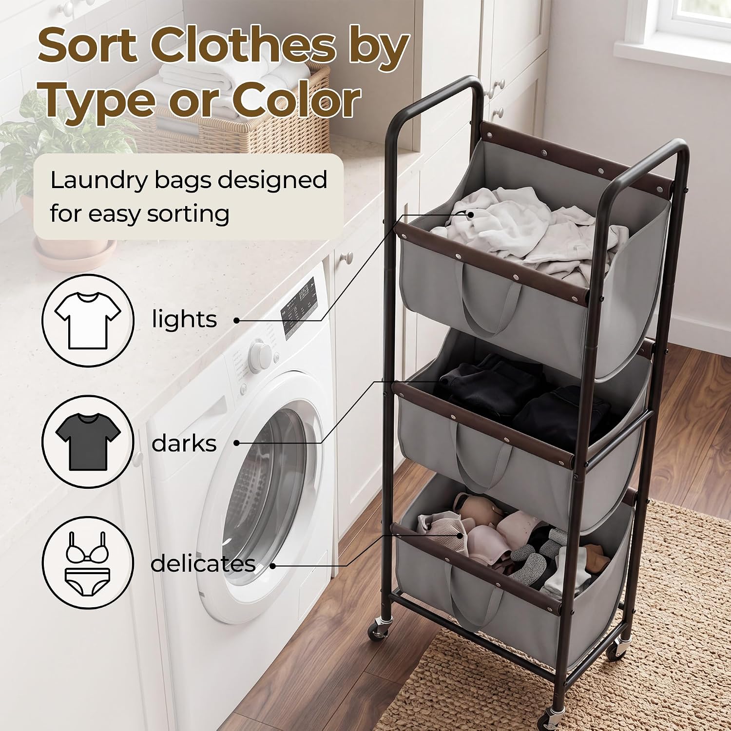 GRANNY SAYS 3 Tiered Laundry Sorter, Narrow Hamper Cart with Wheels image 3