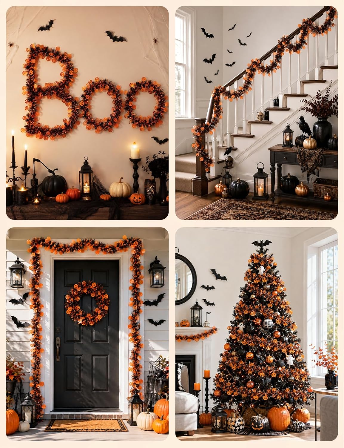 108IN Halloween Tinsel Garland with Orange Pumpkins – Shiny Metallic Twist Decoration for Indoor/Outdoor Home, Tree, Party, Wreath & Craft Use
