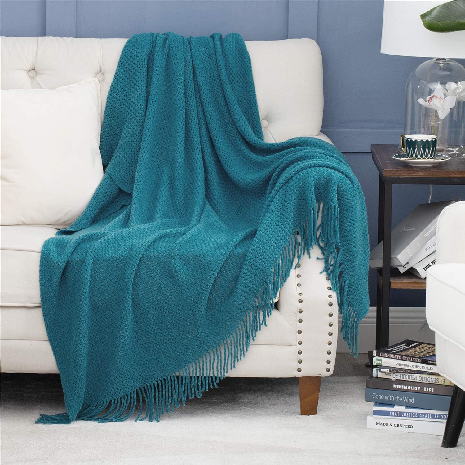 Bedsure Teal Throw Blanket for Couch, Lightweight Knit Woven Blanket, 50x60 Inch - Soft Farmhouse Decorative Blanket with Tassels for Bed, Couch, Sofa, Turquoise Aqua Throw Blanket