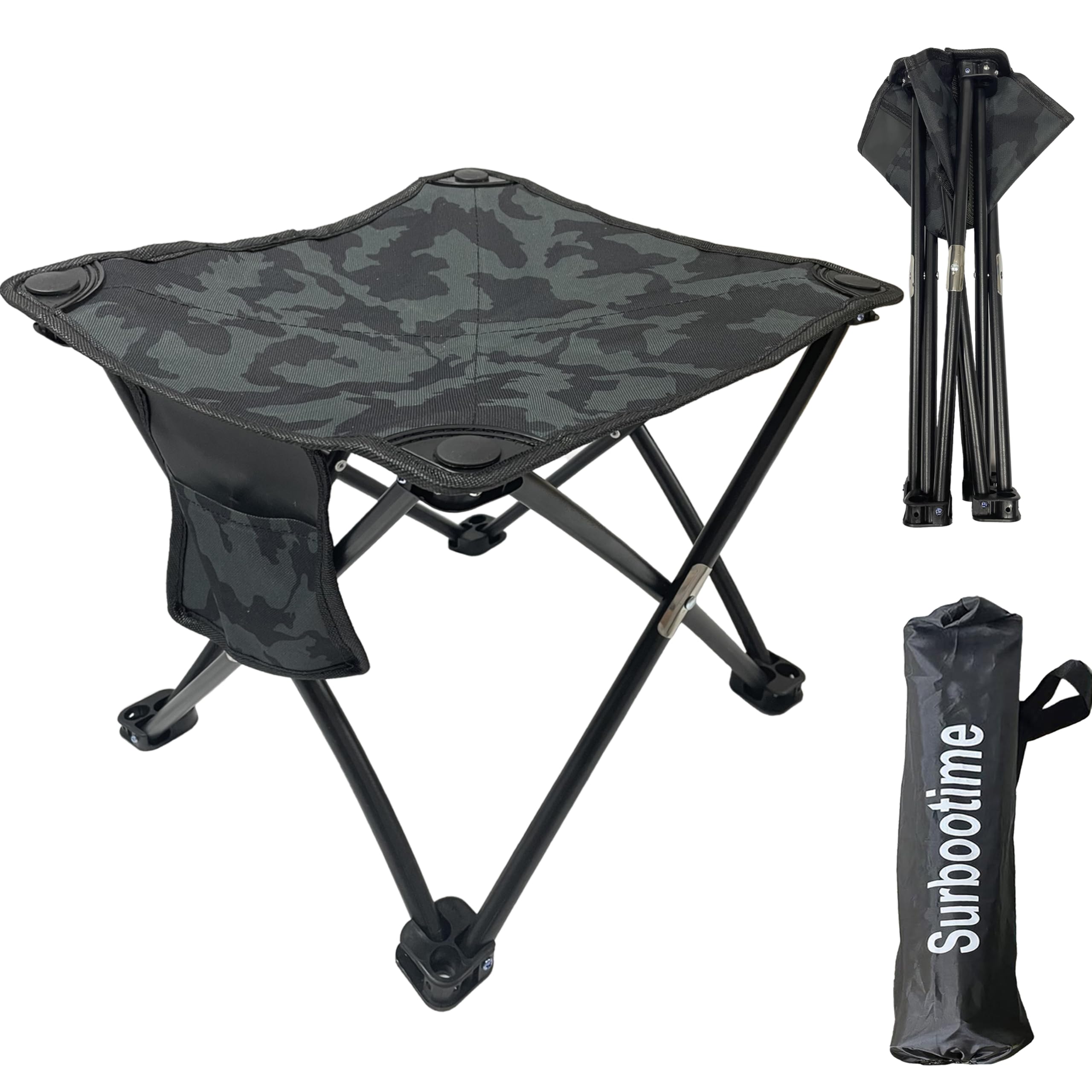 Portable folding camping stool, 35*35*35 cm. Lightweight outdoor chair, foldable garden stool, footstool. Suitable for fishing, picnics, beach barbecues. With side pockets (Black camouflage)
