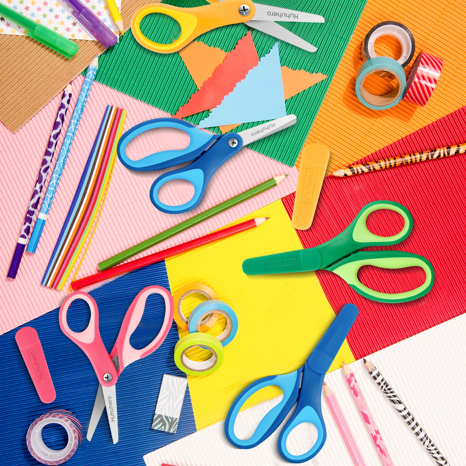 Huhuhero Kinderschere, 12,7 cm kleine Sicherheitsschere, stumpfe Spitze, weicher Griff, Rechts-/Linkshänder, Kinderschere für Schule, Klassenzimmer, Kinder, Bastelbedarf, verschiedene Farben, 12 Stück