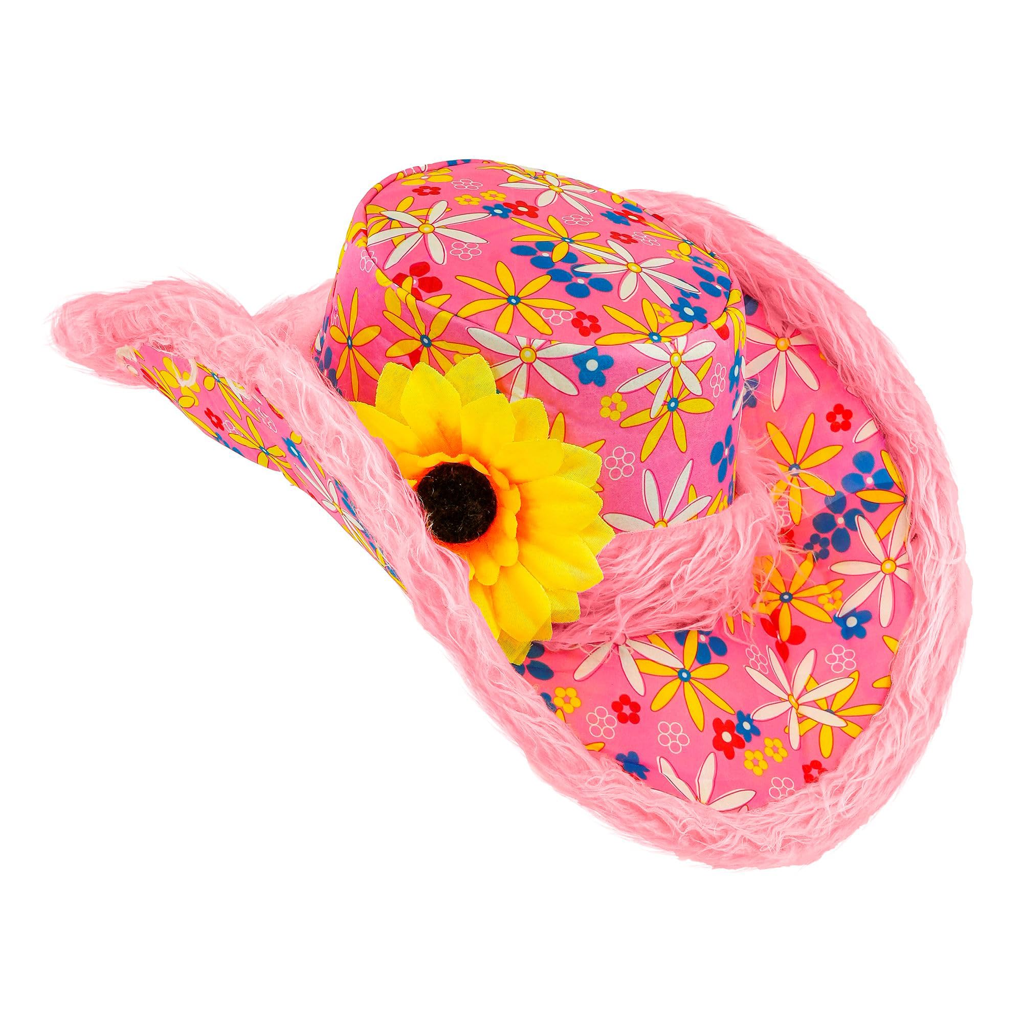 Ibiza with Plush Trim & Sunflower - Pink Hippie Hats Caps & Headwear for Fancy Dress Costumes Accessory